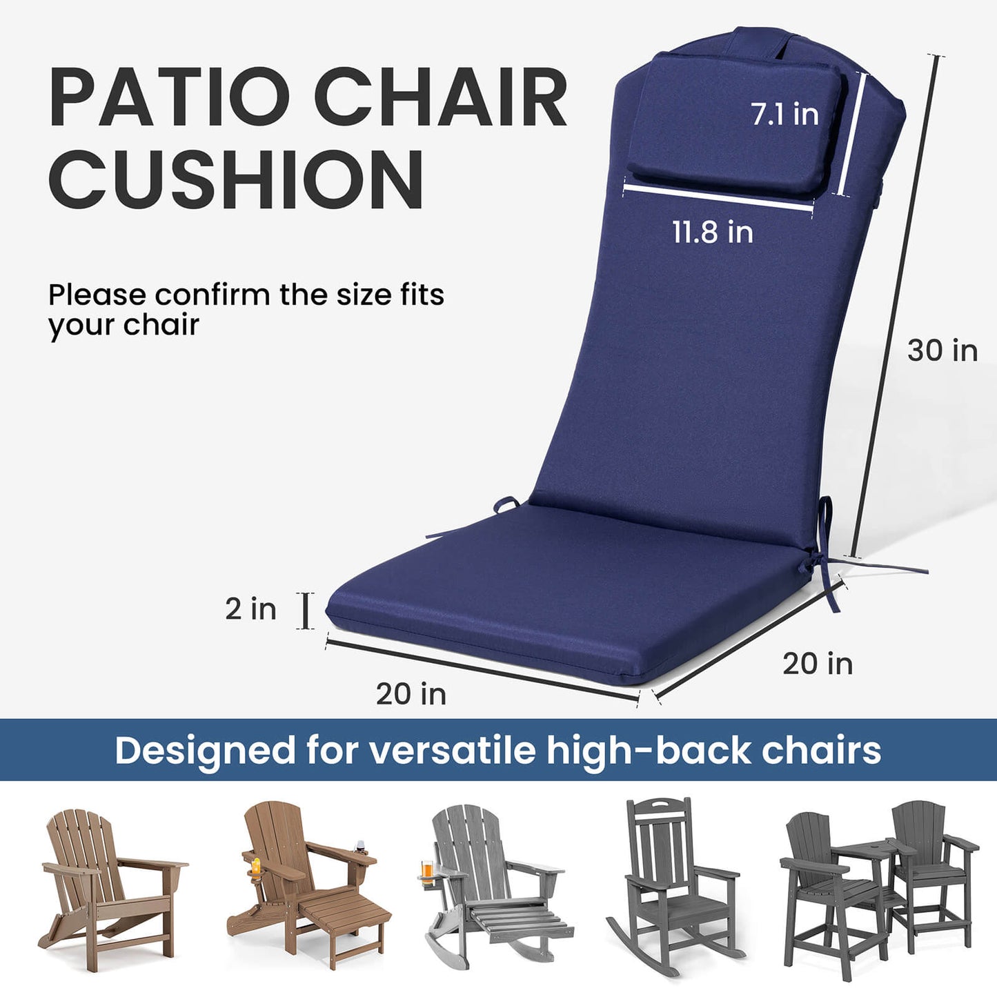 50x20" Outdoor Adirondack Chair Cushion with Built-in Headrest