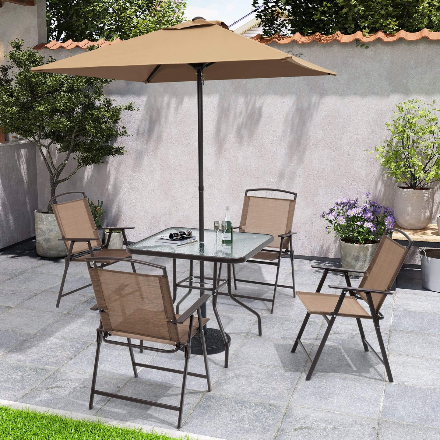 6-Piece Outdoor Dining Set with Glass Table & Umbrella