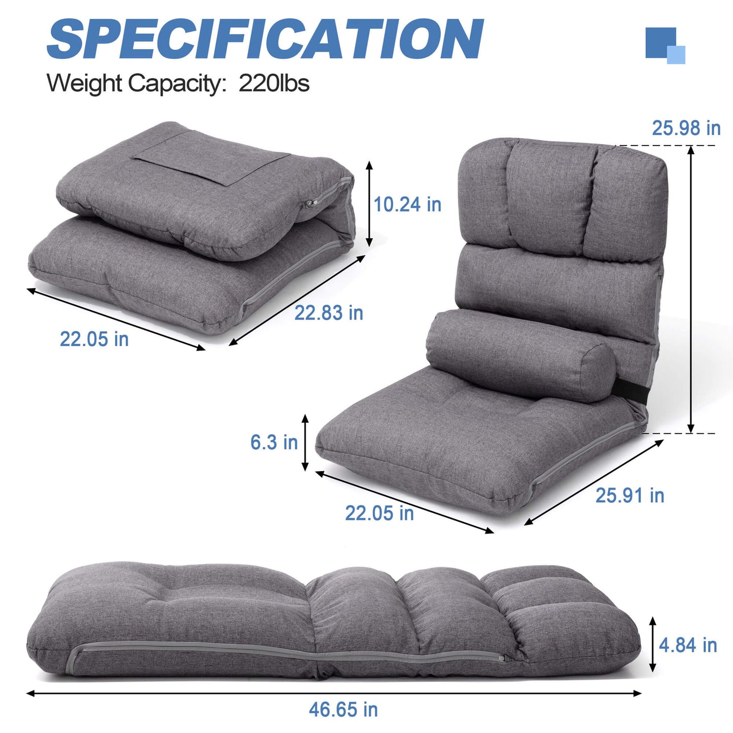 Linen Adjustable Folding Floor Chair with Cushion