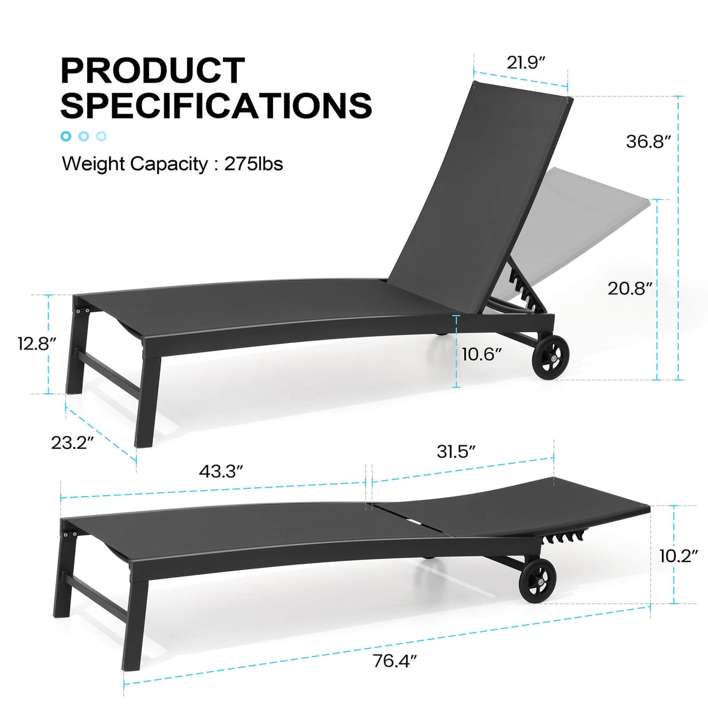 Aluminum/Steel Adjustable Outdoor Chaise Lounge Set of 2 with Wheels