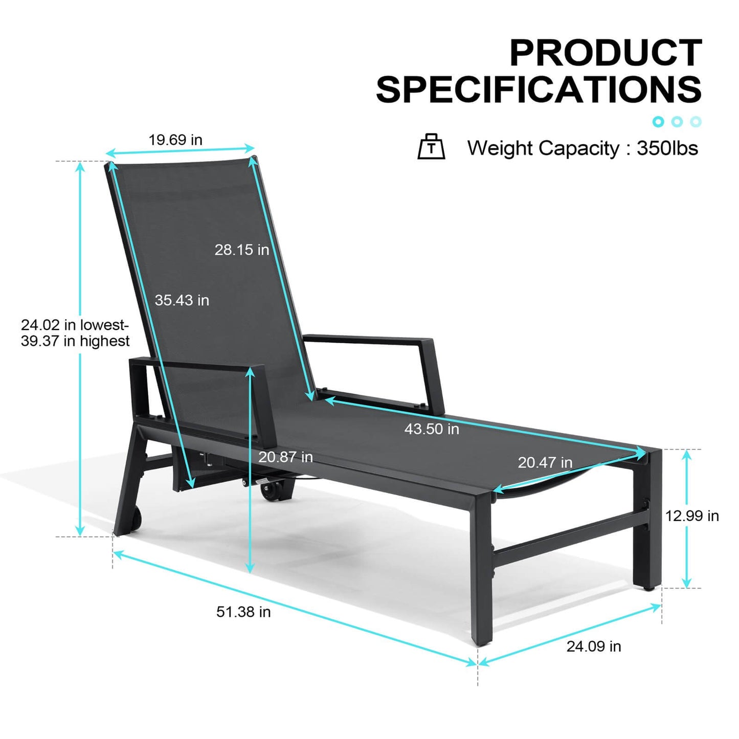 Adjustable Aluminum Outdoor Chaise Lounge Set of 2 with Wheels