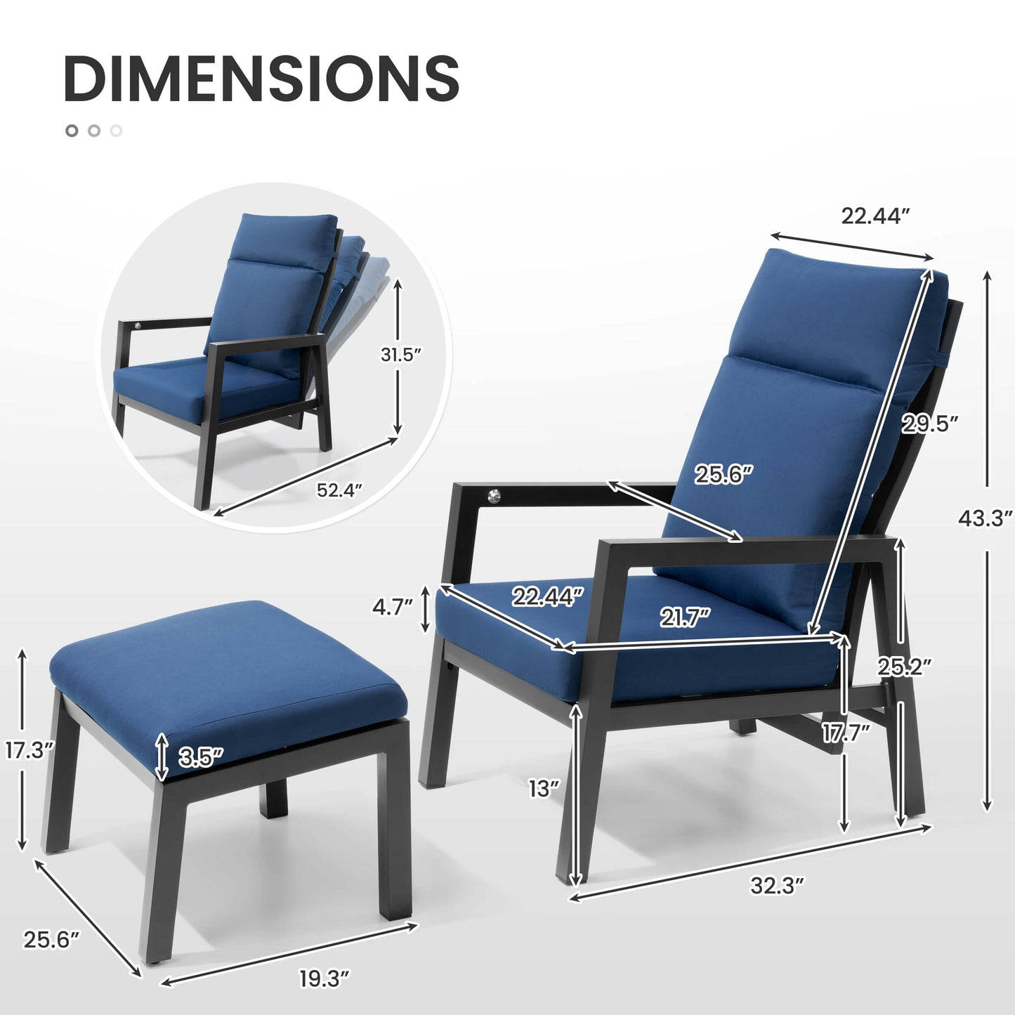 Adjustable Outdoor Reclining Chair with Ottoman & Cushions