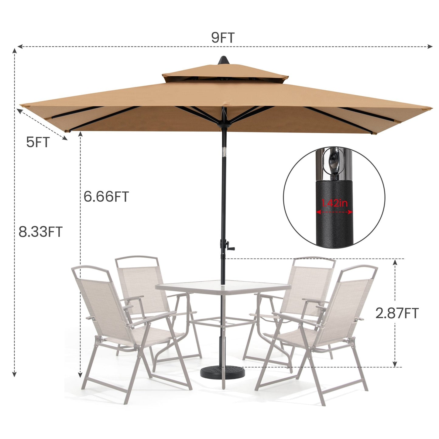 Size details of 9x5 ft beige aluminum market umbrella, 8.33ft high with double top for patio set with 1.42in pole.