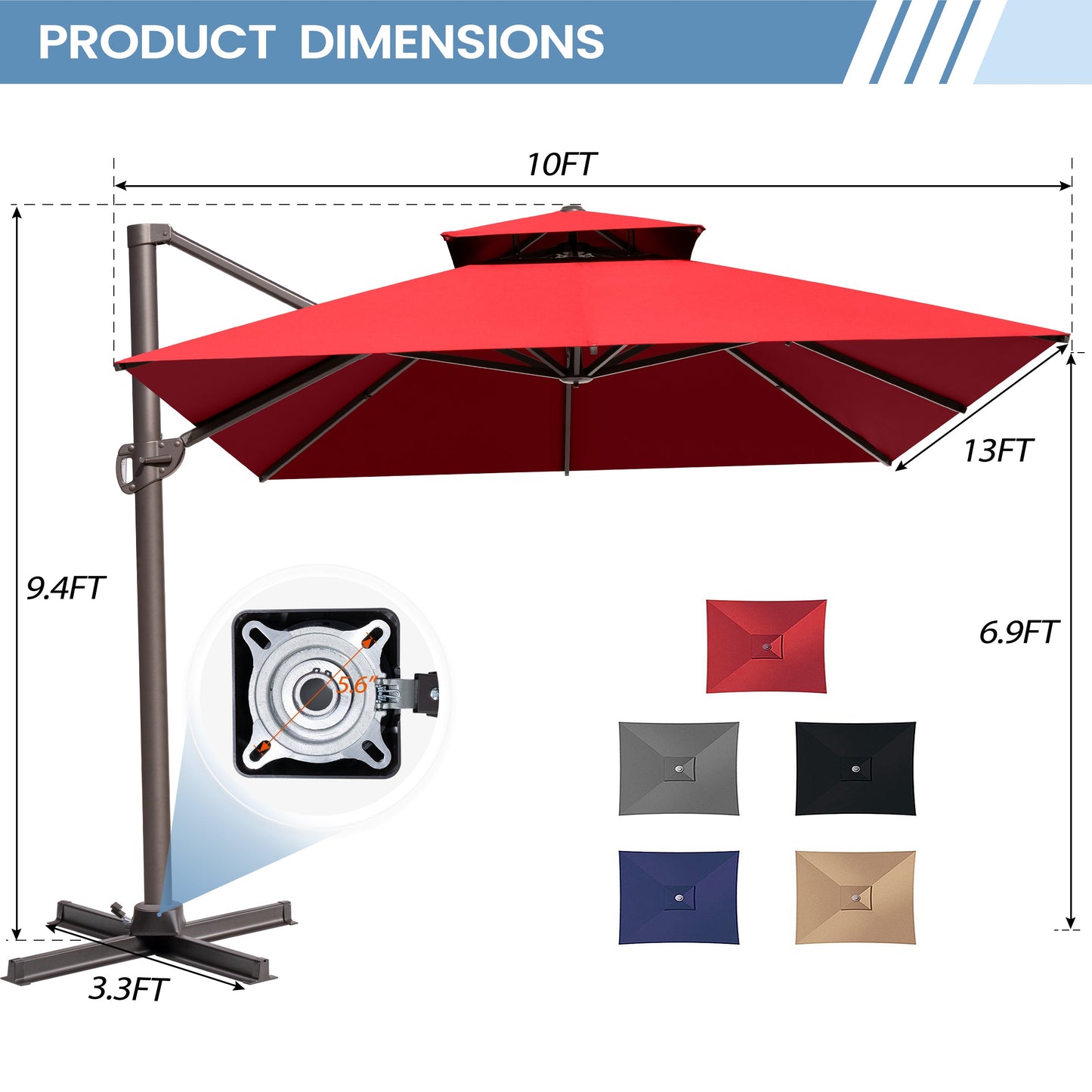 13x10 ft Aluminum Cantilever Patio Umbrella with Double Top (Base Options)