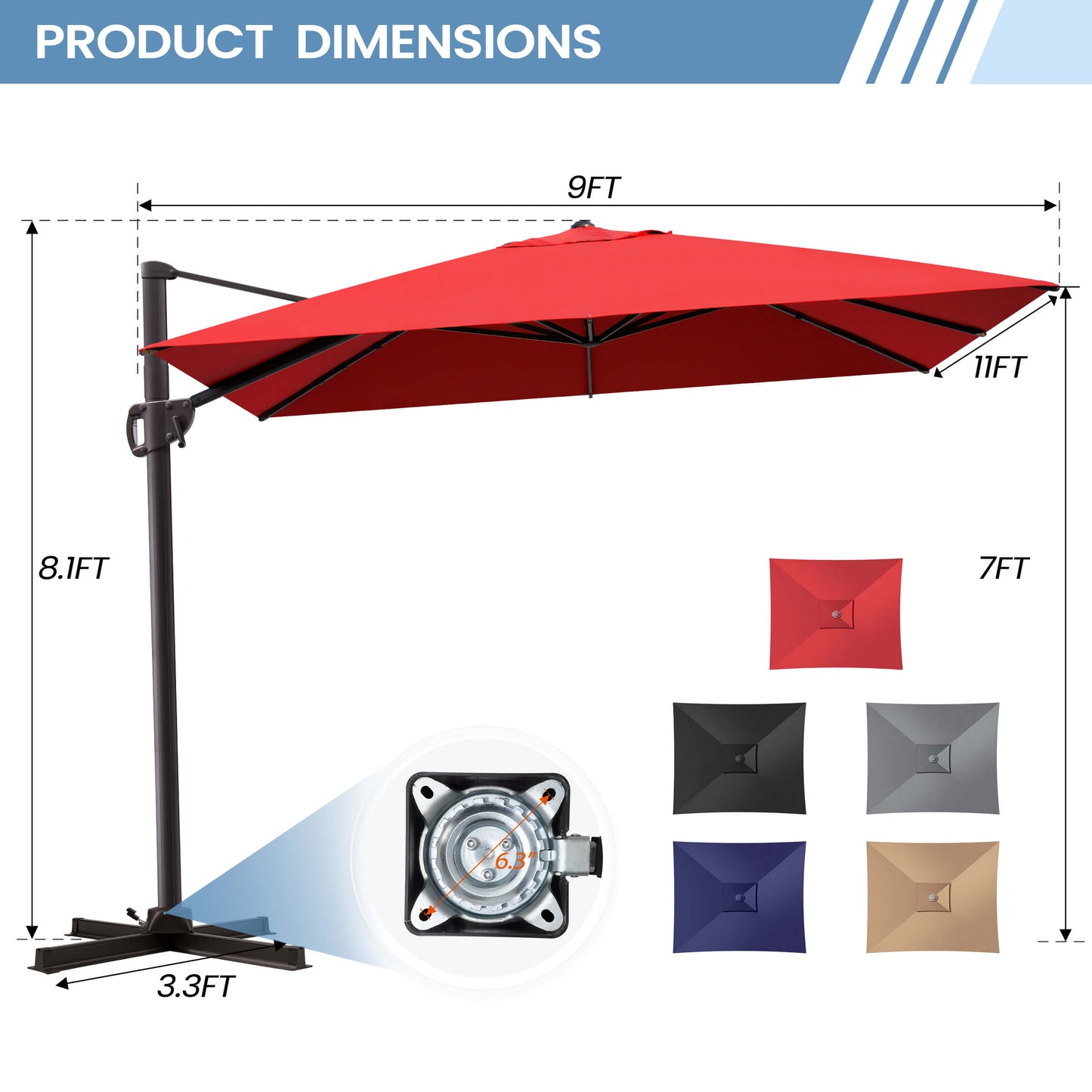 11x9 FT red rectangular cantilever umbrella dimensions, cross base, and color options.