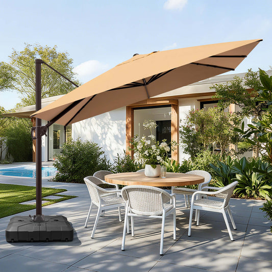 Beige rectangular cantilever umbrella with weighted base over patio dining set.