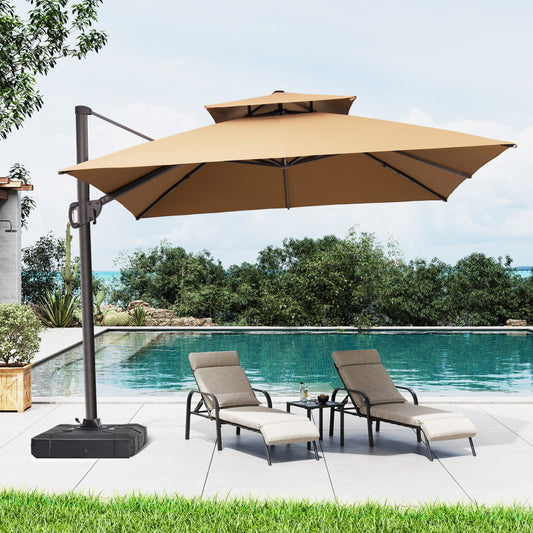 Crestlive 12x9 ft beige patio cantilever umbrella with heavy-duty base shading poolside lounge chairs in daylight