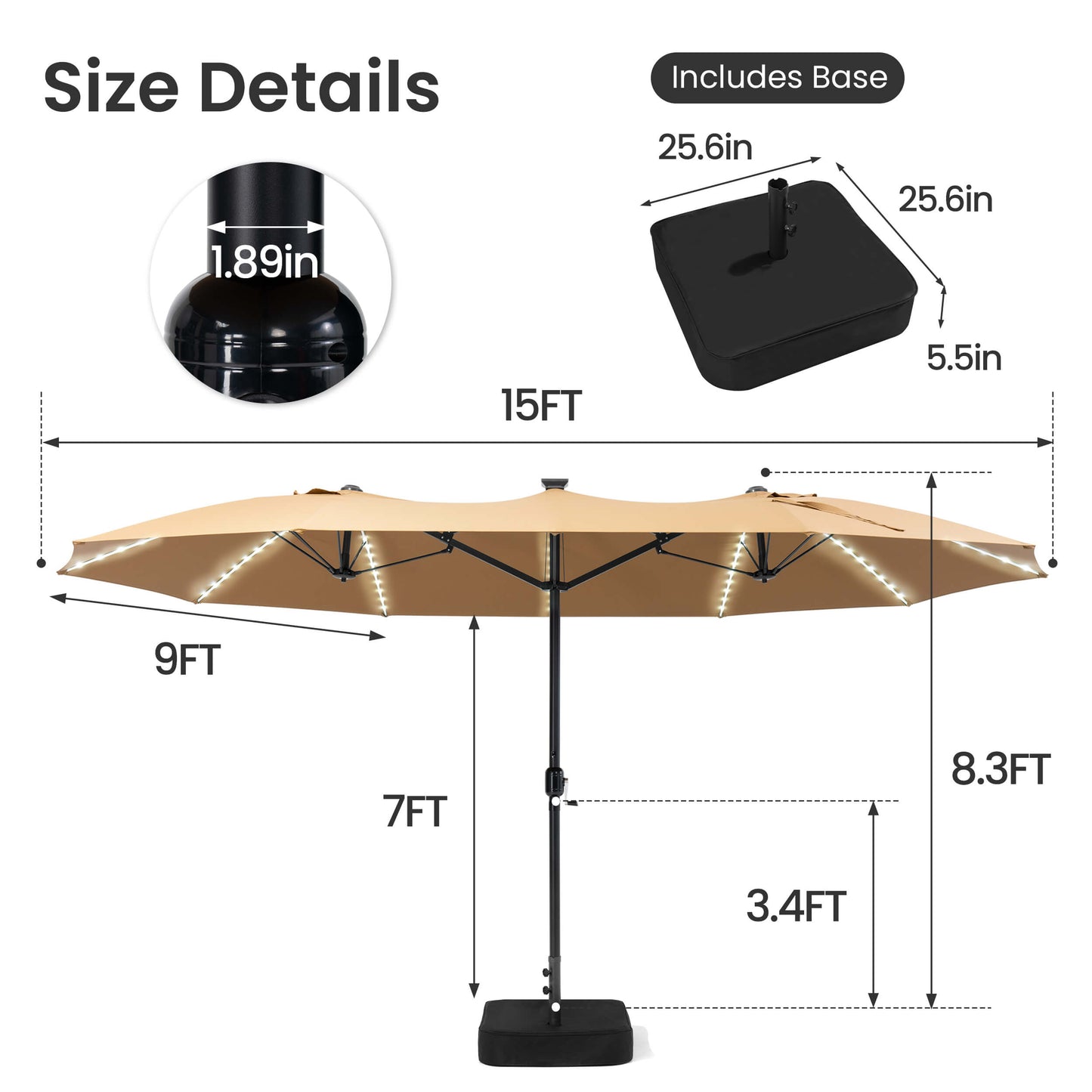 Size details of 15x9 ft beige double-sided market umbrella, 8.3ft high with 1.89in pole and included stand base.