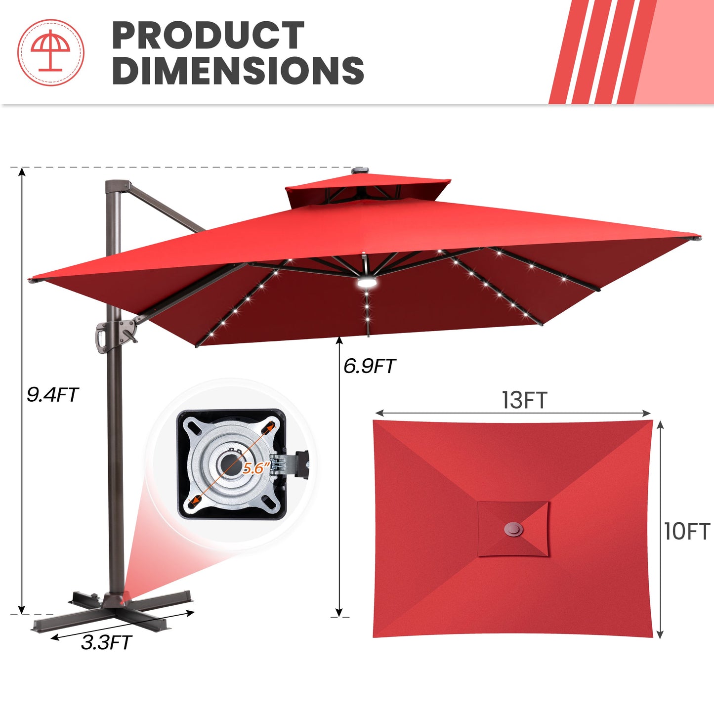 Size guide for Crestlive 13x10 ft red cross base cantilever umbrella showing 9.4ft height and 5.6 inch hole distance