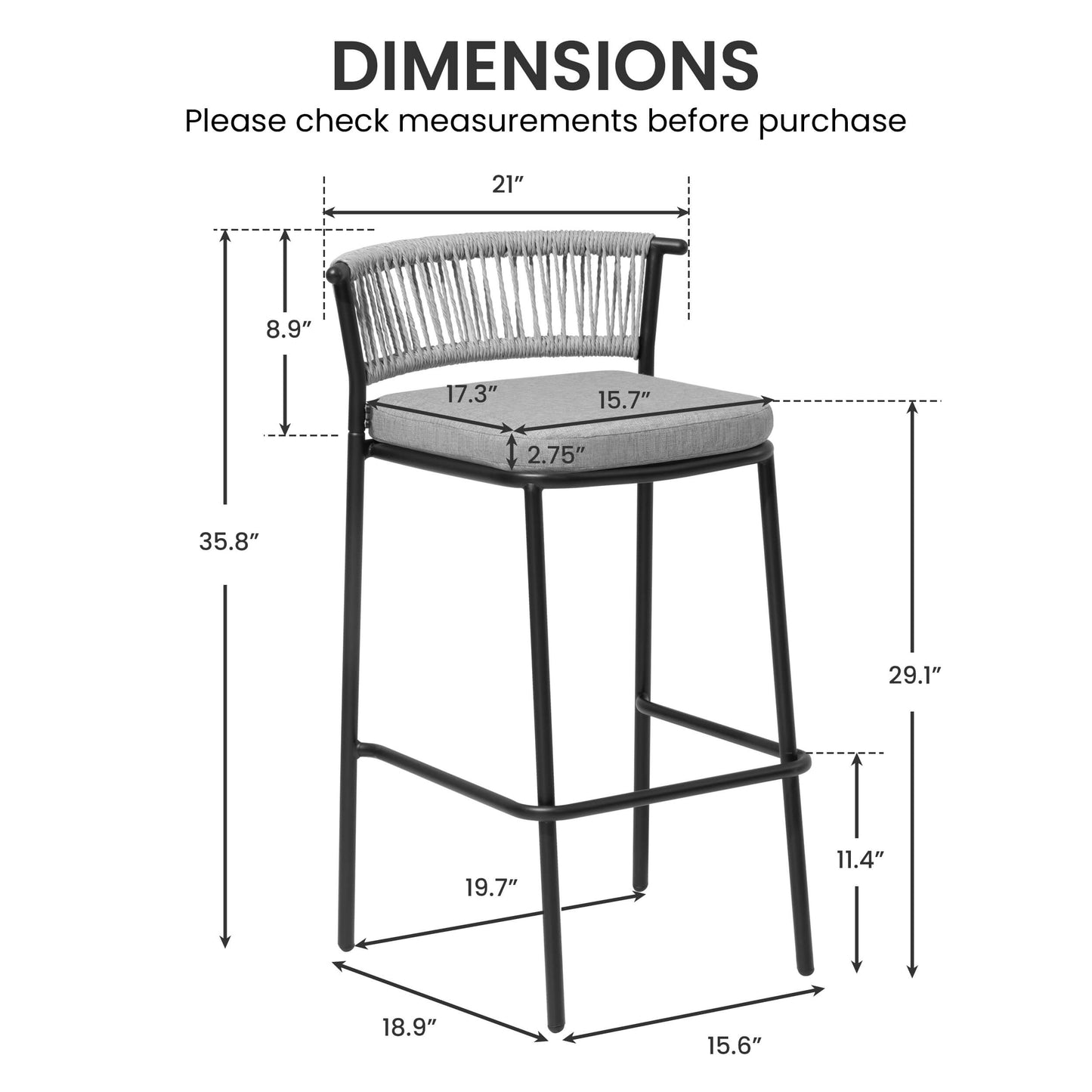 Outdoor Patio Bar Stool Set of 2 with Cushion and Rattan Back