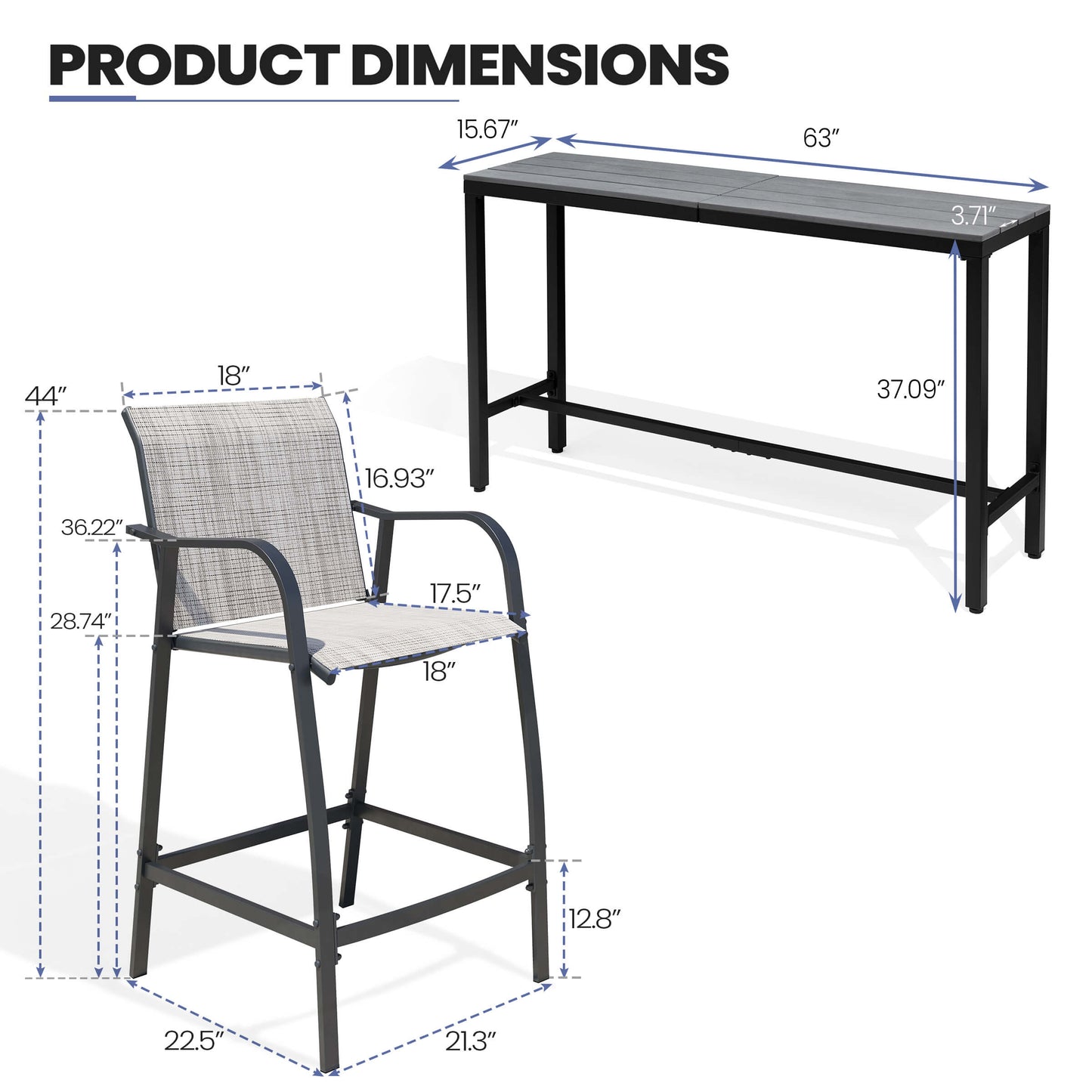 3-Piece Outdoor Bar Set with Wood-Plastic Table and Textilene Bar Chairs