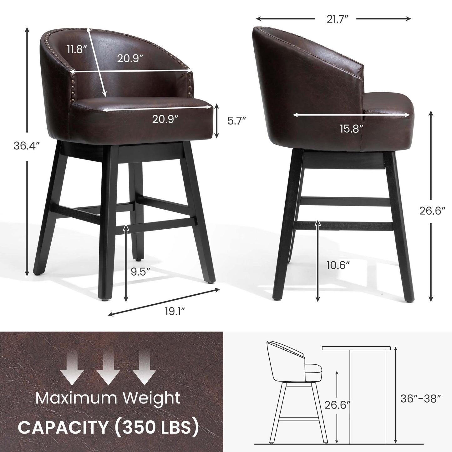Swivel PU Leather Bar Stools, Set of 2 (Wood Base)