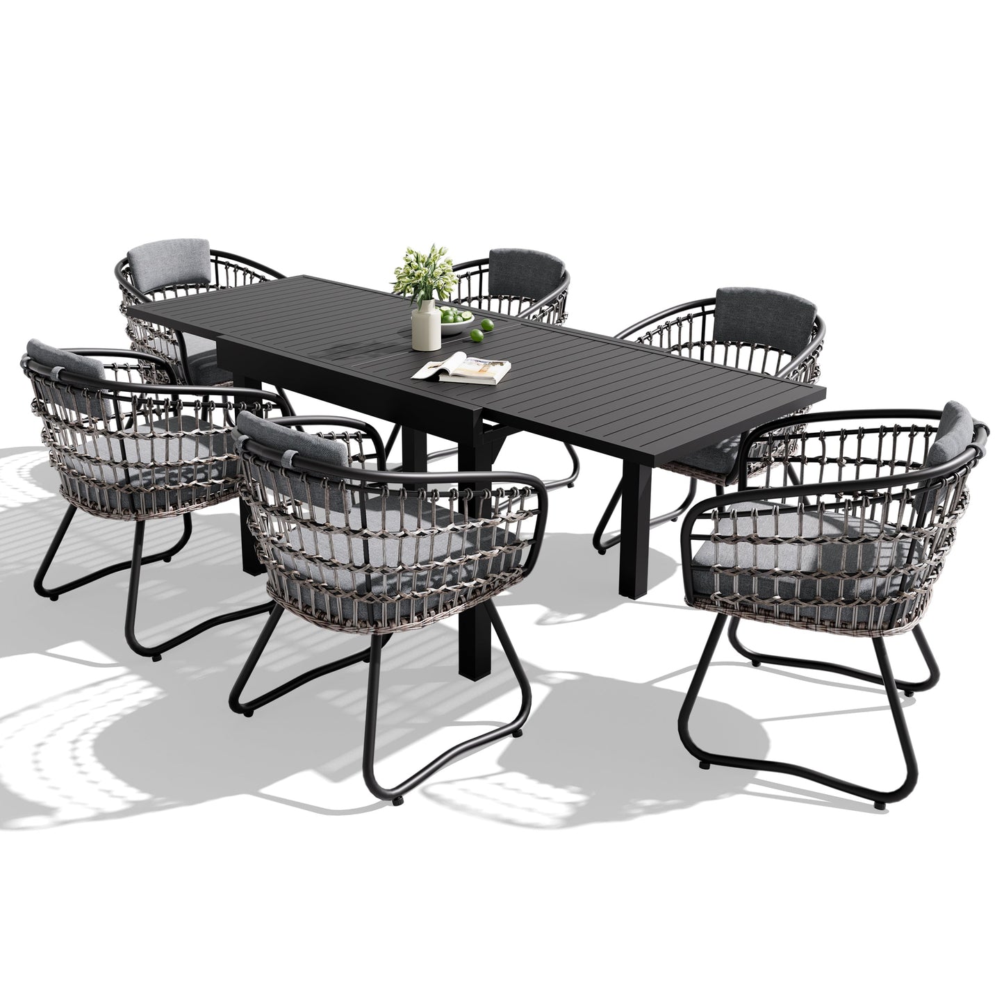 Expandable Aluminum Dining Set with PE Rattan Chairs & Cushions