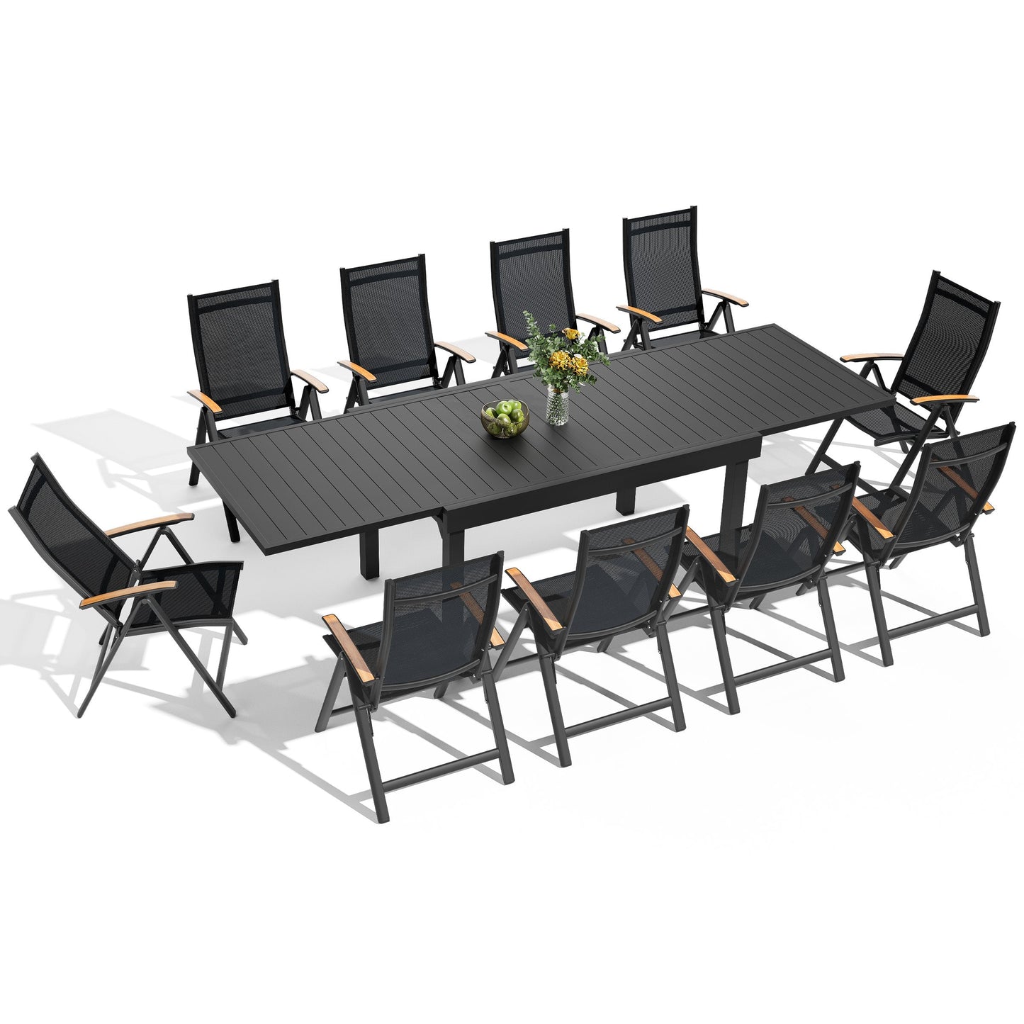 Expandable Aluminum Dining Set with Textilene & Teak Chairs