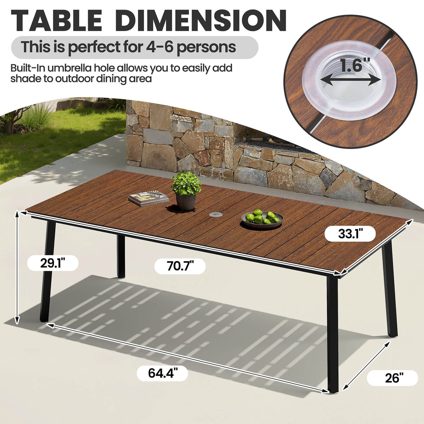 71x33" Outdoor Dining Table with Umbrella Hole