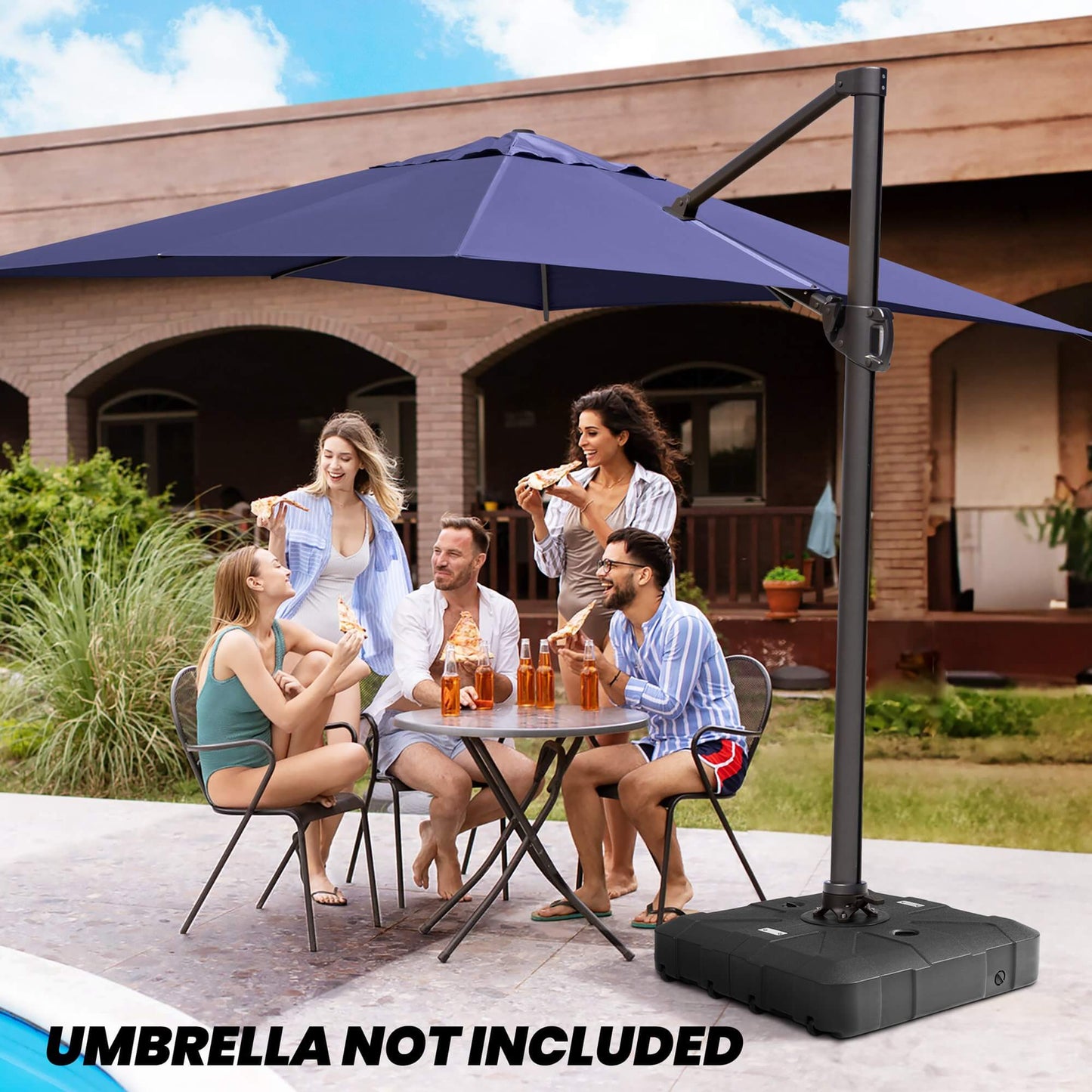 Black fillable cantilever umbrella base for suburban backyard patio gatherings. Umbrella not included.