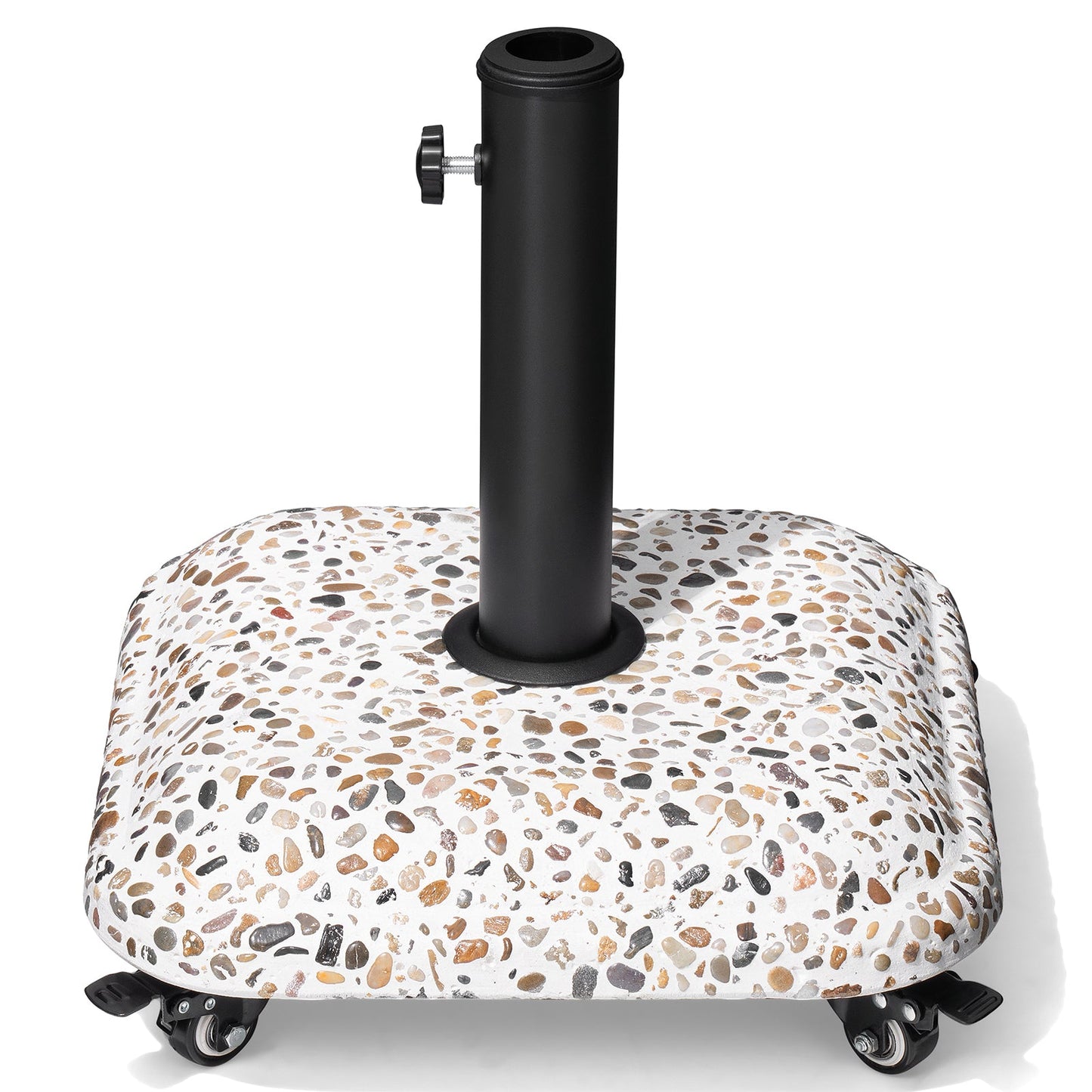 45 lbs heavy duty cobble cement patio umbrella base with 4 smooth-rolling wheels and a black pole.