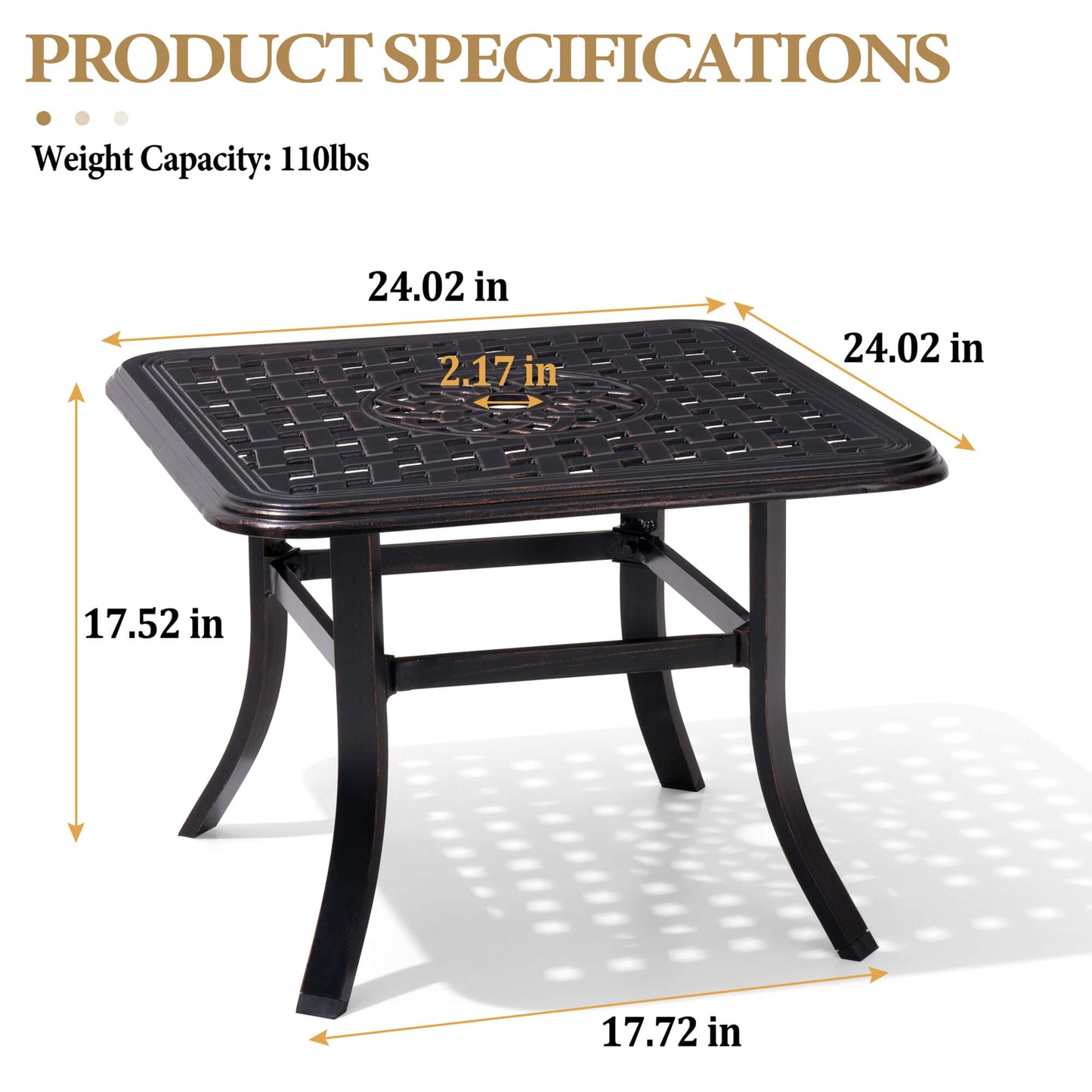 24x24" Square Cast Aluminum Outdoor Side Table with Umbrella Hole