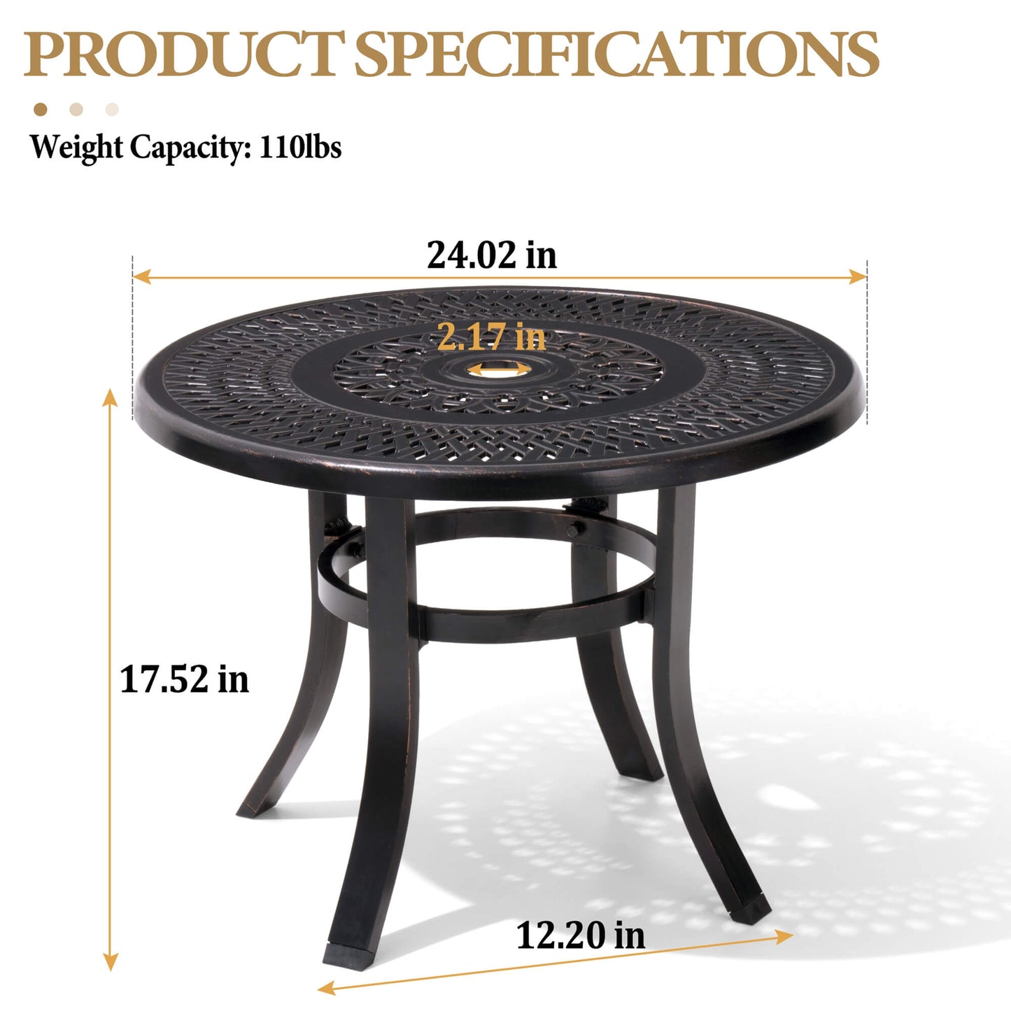 24x24" Round Cast Aluminum Side Table with Umbrella Hole