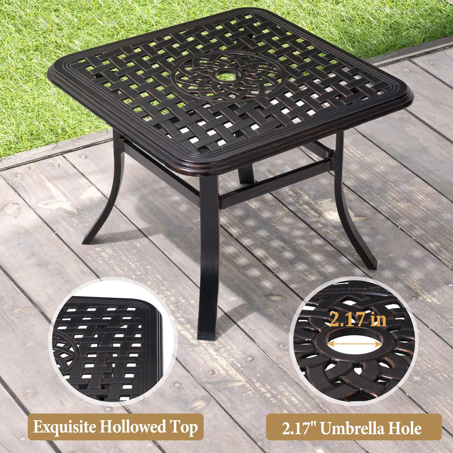 24x24" Square Cast Aluminum Outdoor Side Table with Umbrella Hole