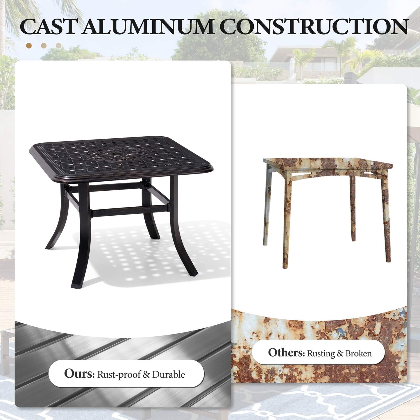 24x24" Square Cast Aluminum Outdoor Side Table with Umbrella Hole