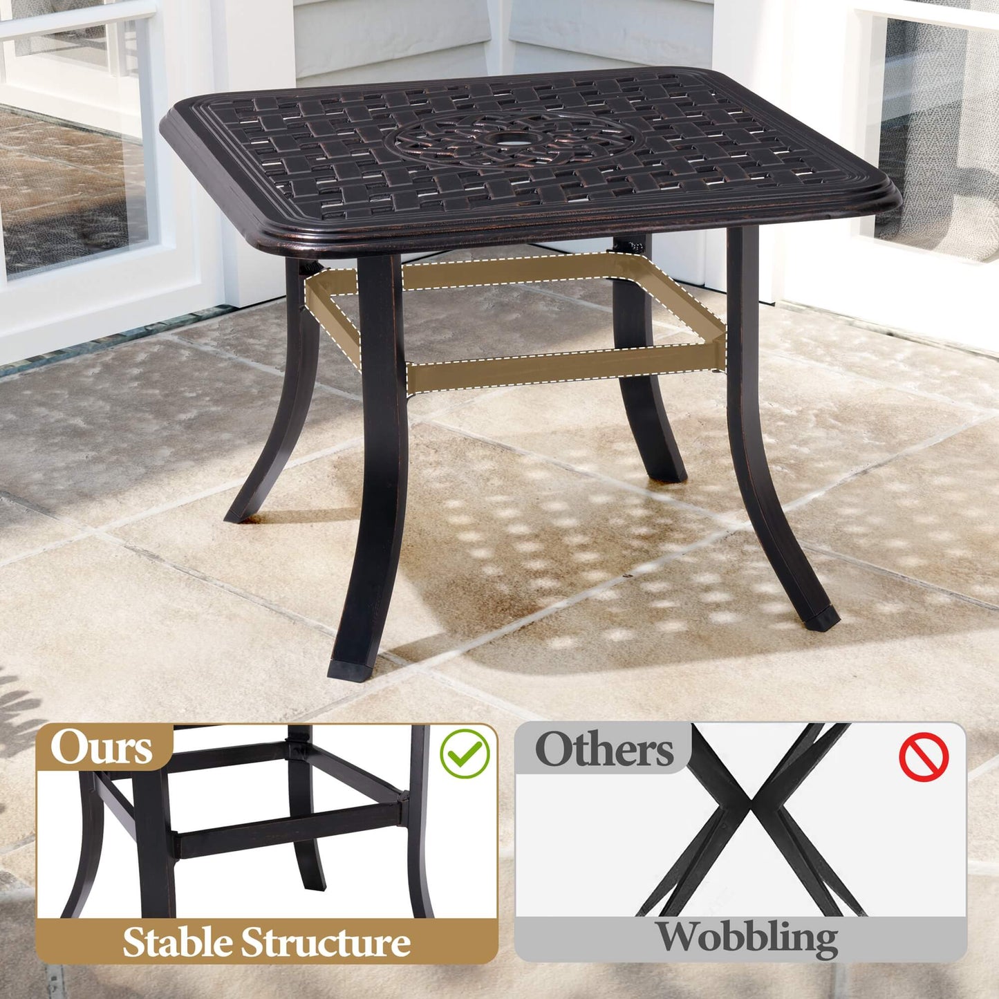 24x24" Square Cast Aluminum Outdoor Side Table with Umbrella Hole