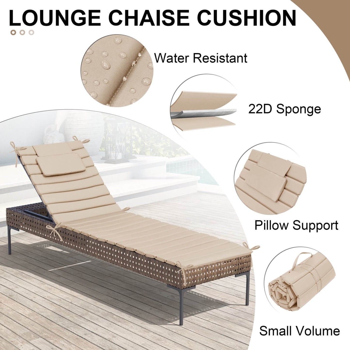 Outdoor Chaise Lounge Cushion with Headrest & Straps