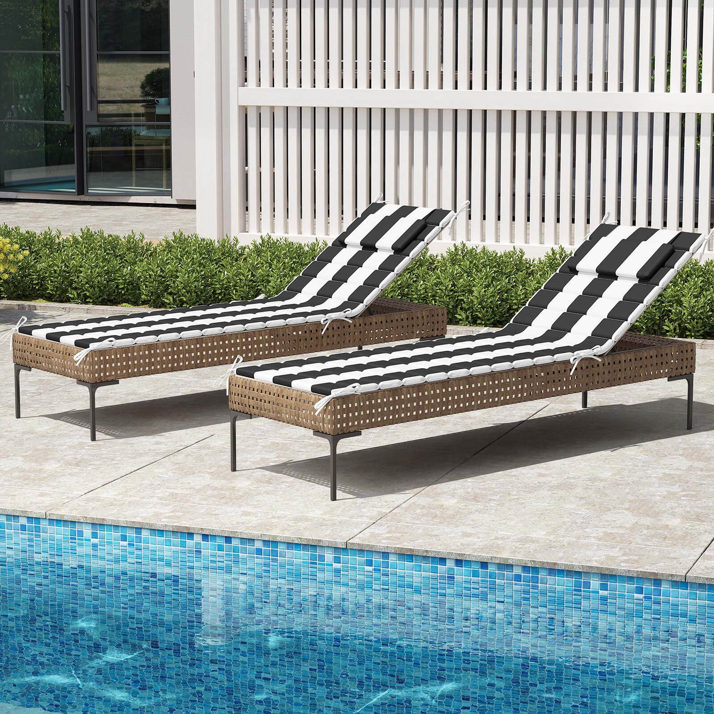 Outdoor Chaise Lounge Cushion with Headrest & Straps