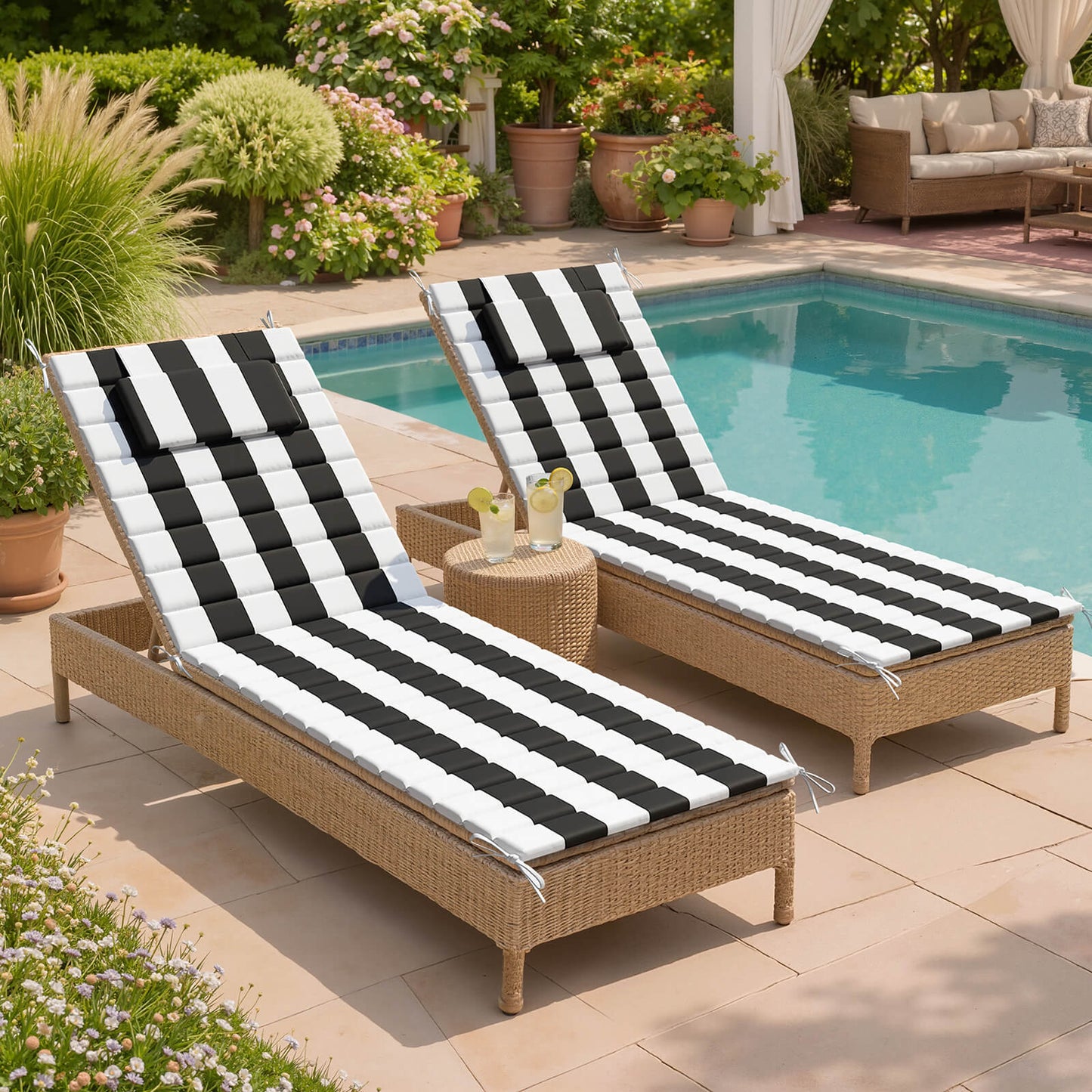 Outdoor Chaise Lounge Cushion with Headrest & Straps