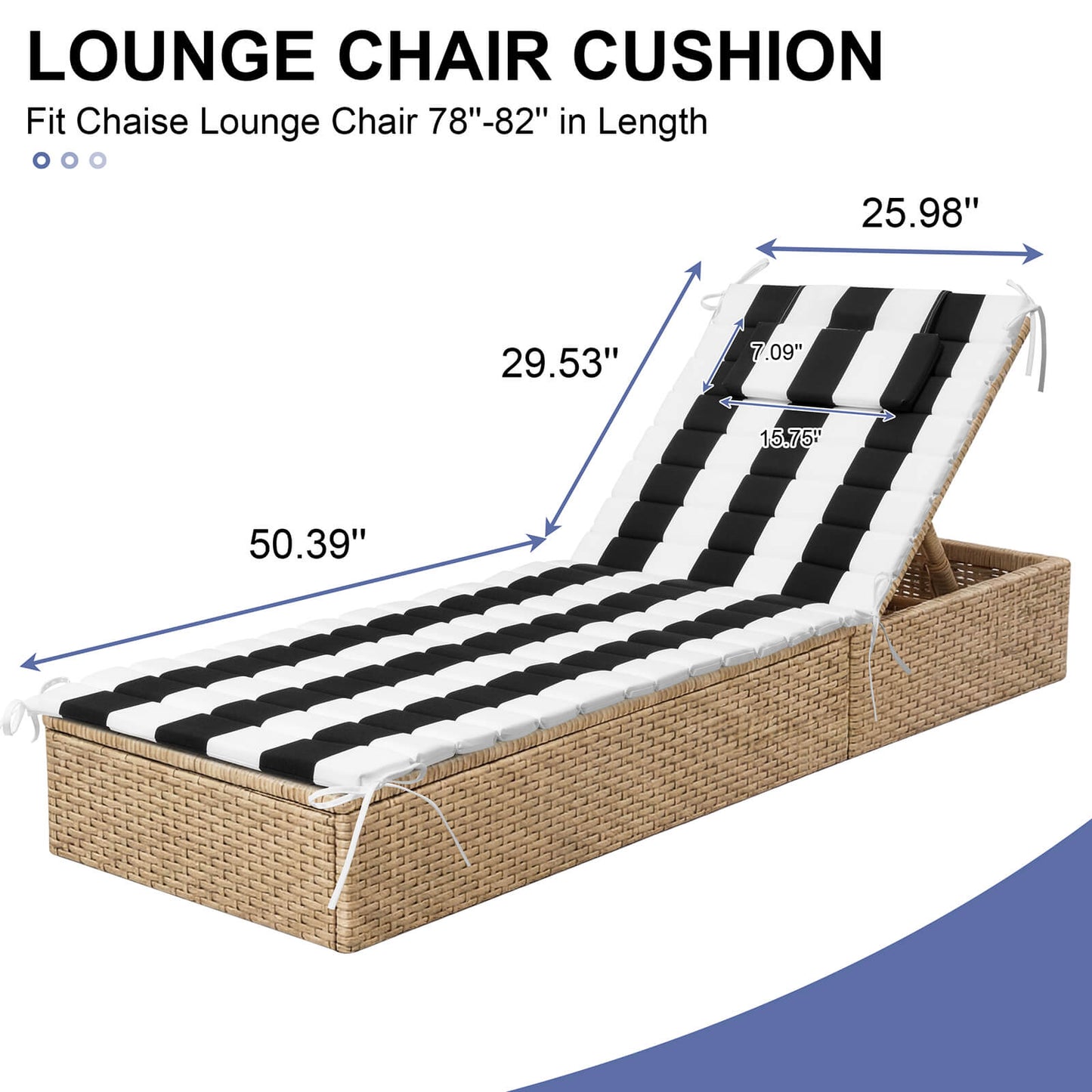 Outdoor Chaise Lounge Cushion with Headrest & Straps