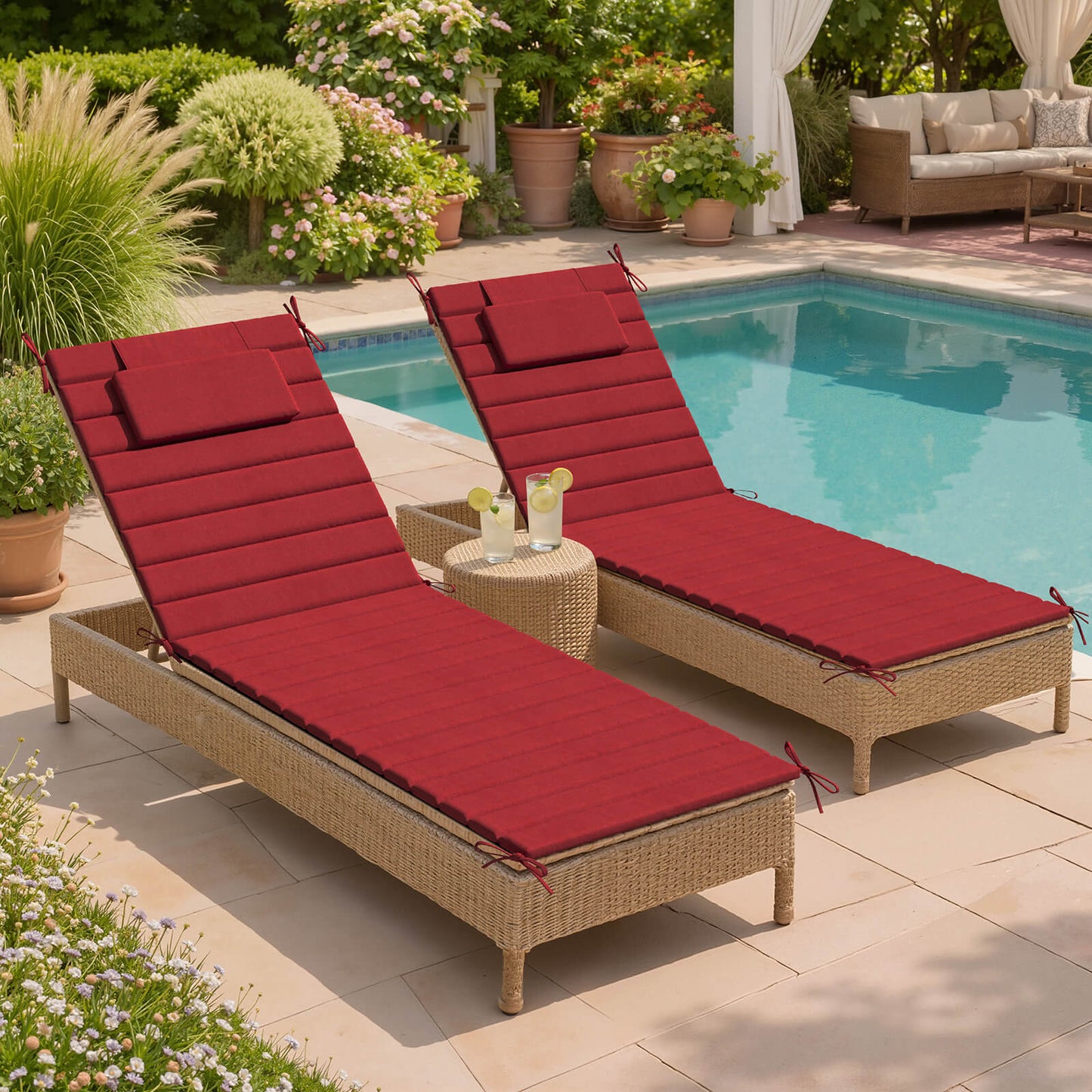 Outdoor Chaise Lounge Cushion with Headrest & Straps