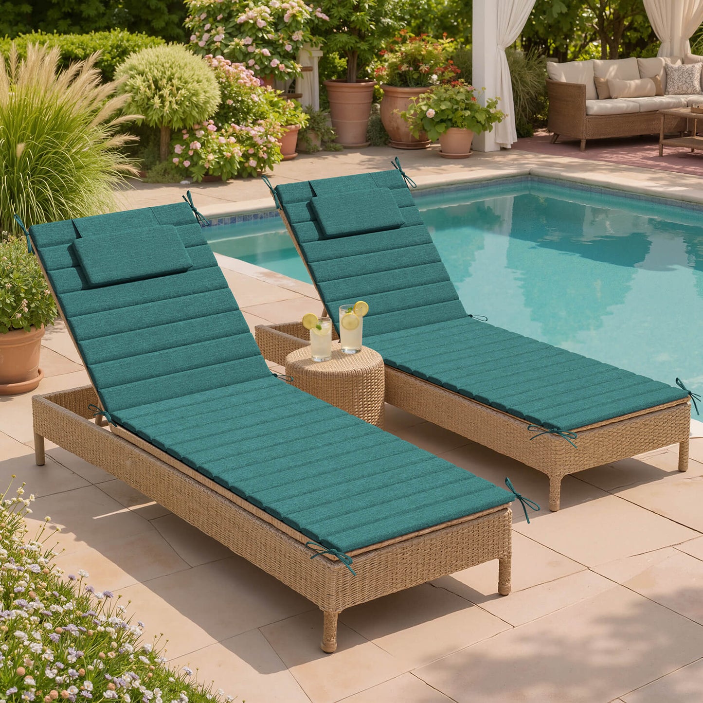 Outdoor Chaise Lounge Cushion with Headrest & Straps