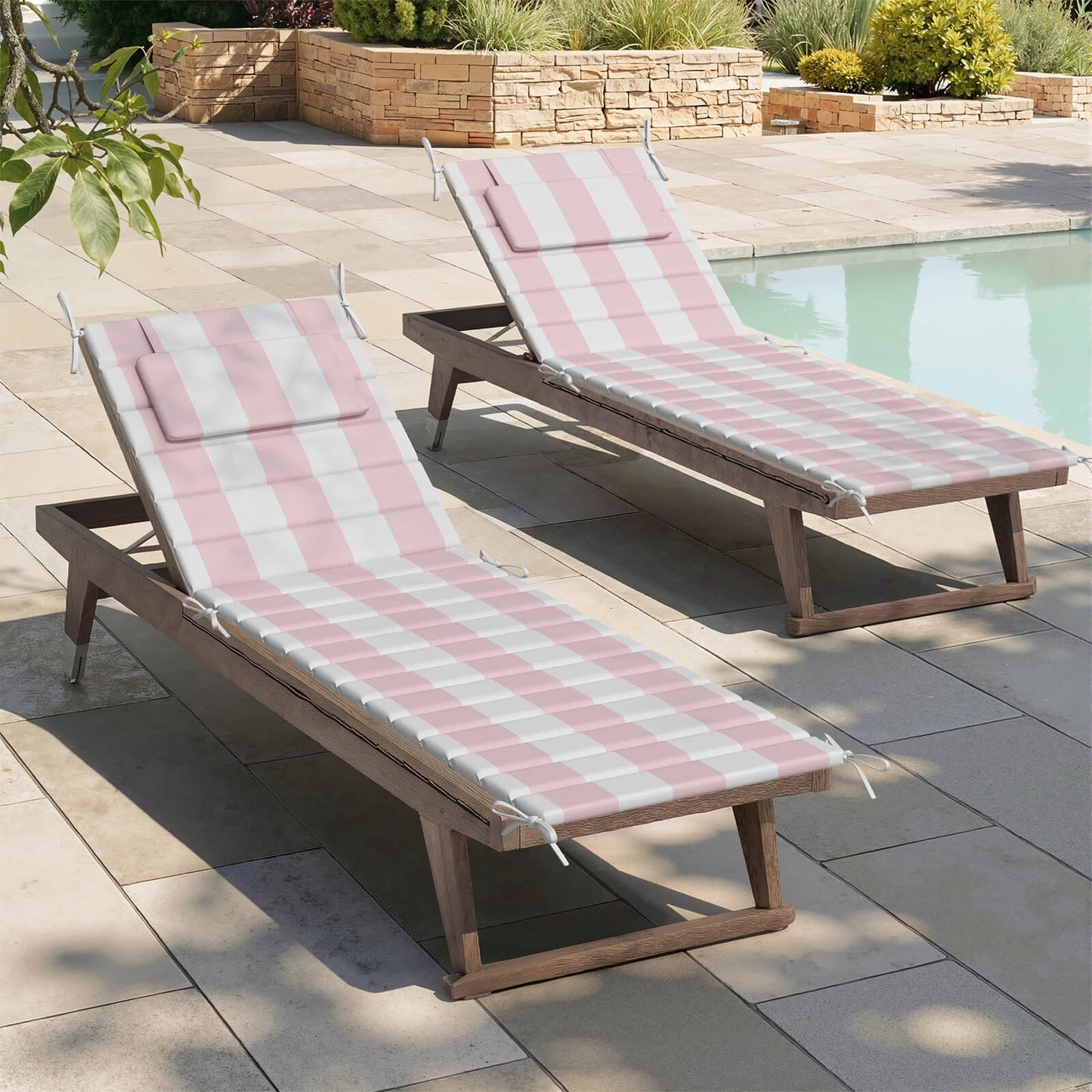 Outdoor Chaise Lounge Cushion with Headrest & Straps