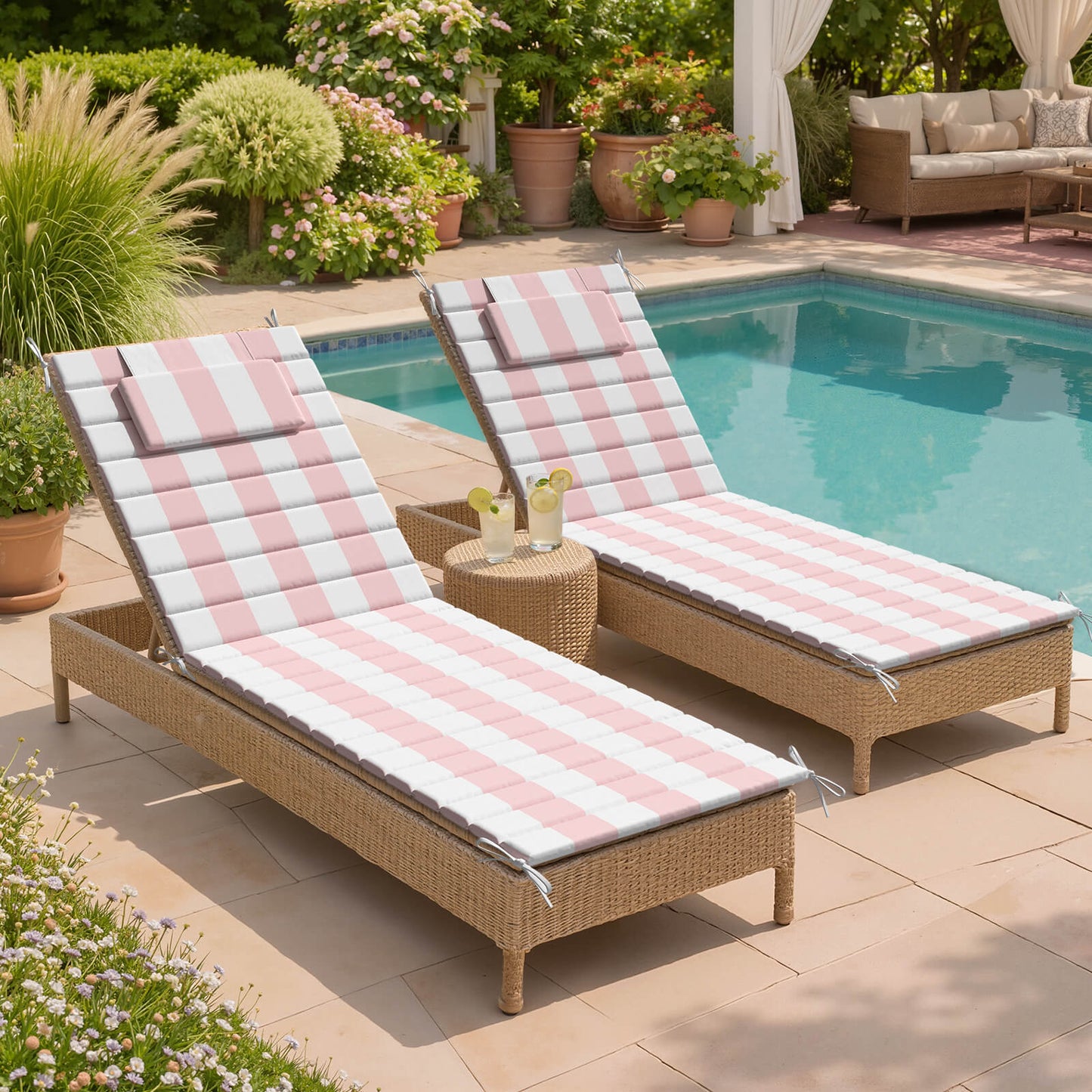 Outdoor Chaise Lounge Cushion with Headrest & Straps