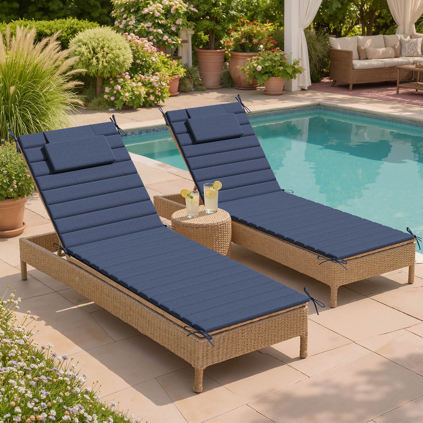 Outdoor Chaise Lounge Cushion with Headrest & Straps