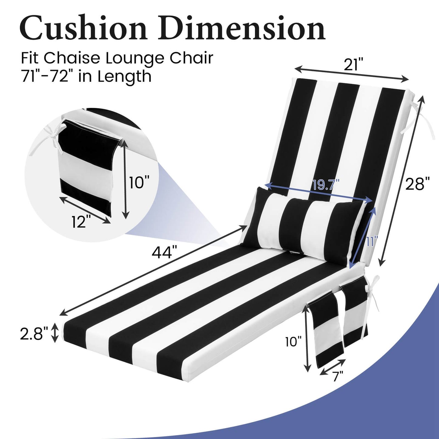 Outdoor Chaise Lounge Cushion with Pillow & Pockets