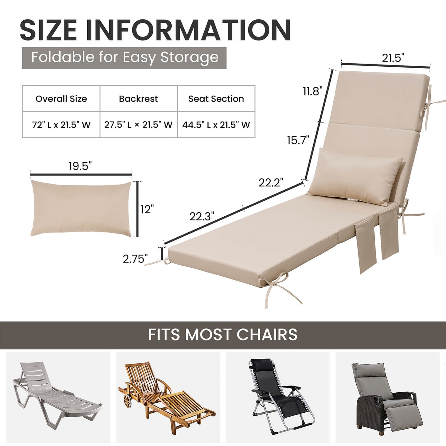72x22" Outdoor Chaise Lounge Cushion with Pillow & Pockets
