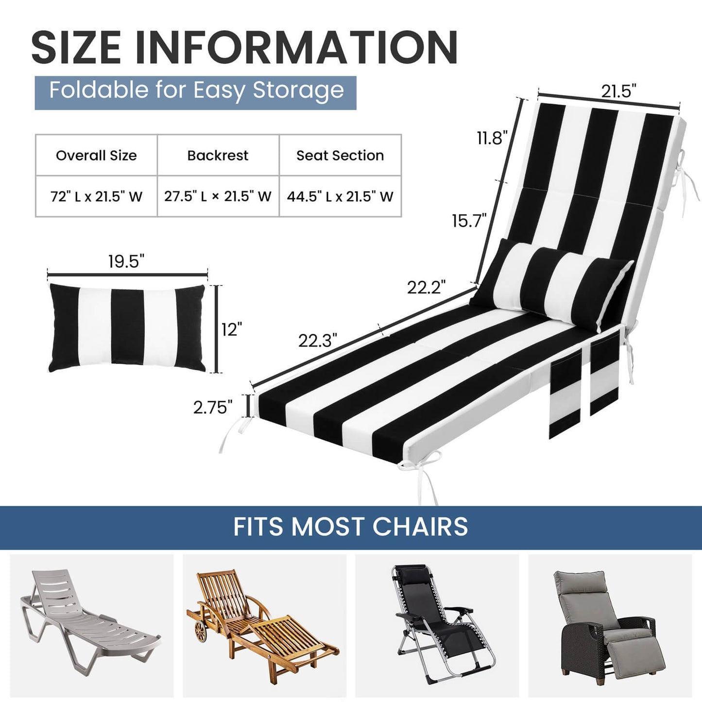 72x22" Outdoor Chaise Lounge Cushion with Pillow & Pockets
