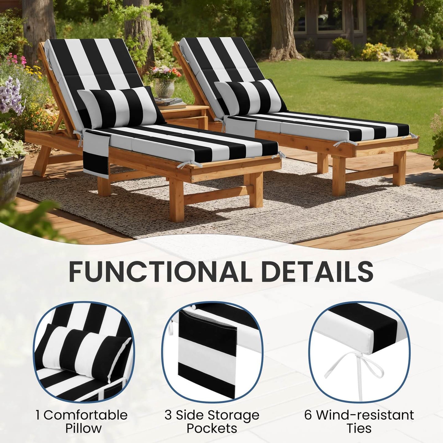 72x22" Outdoor Chaise Lounge Cushion with Pillow & Pockets