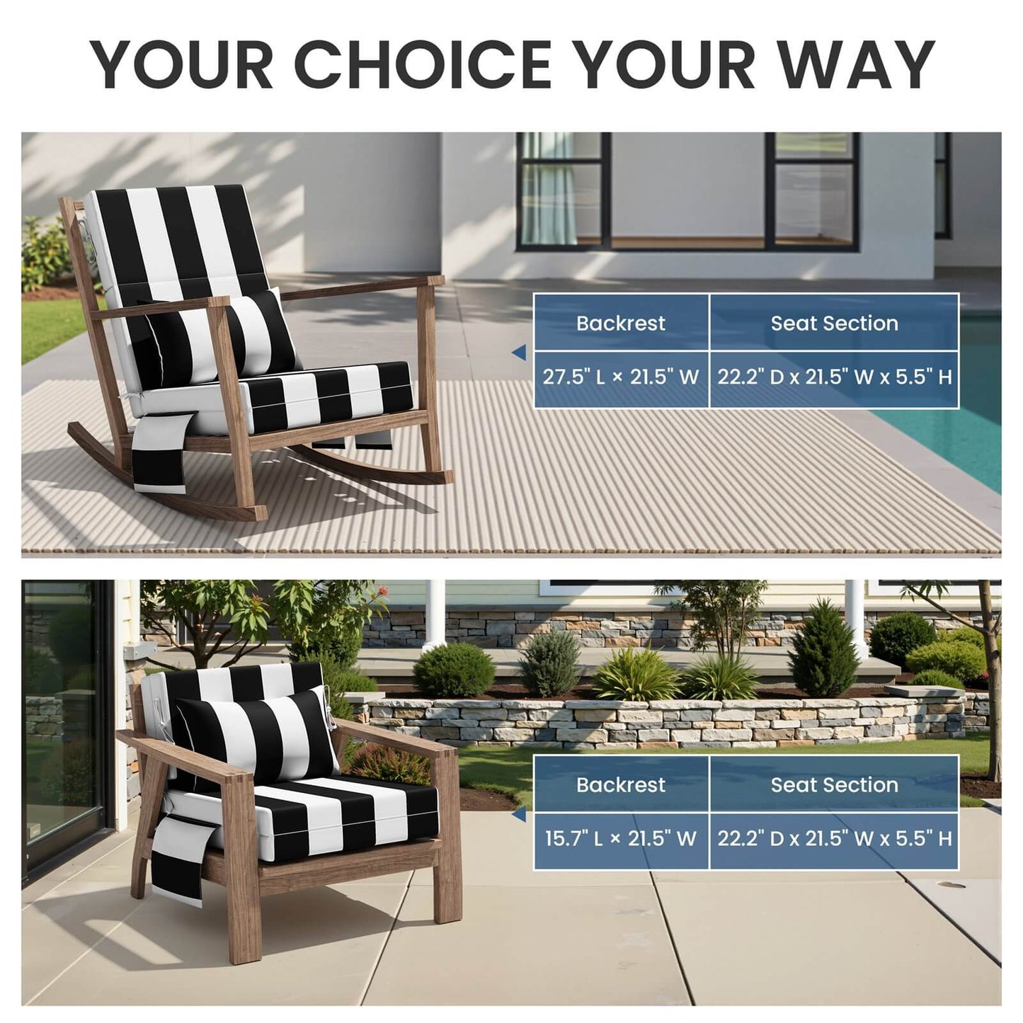 72x22" Outdoor Chaise Lounge Cushion with Pillow & Pockets