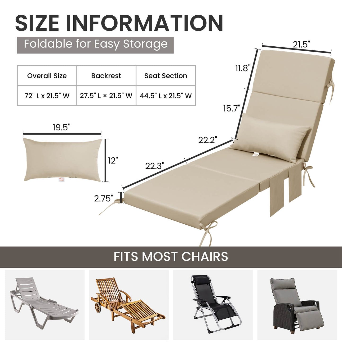 72x22" Outdoor Chaise Lounge Cushion with Pillow & Pockets