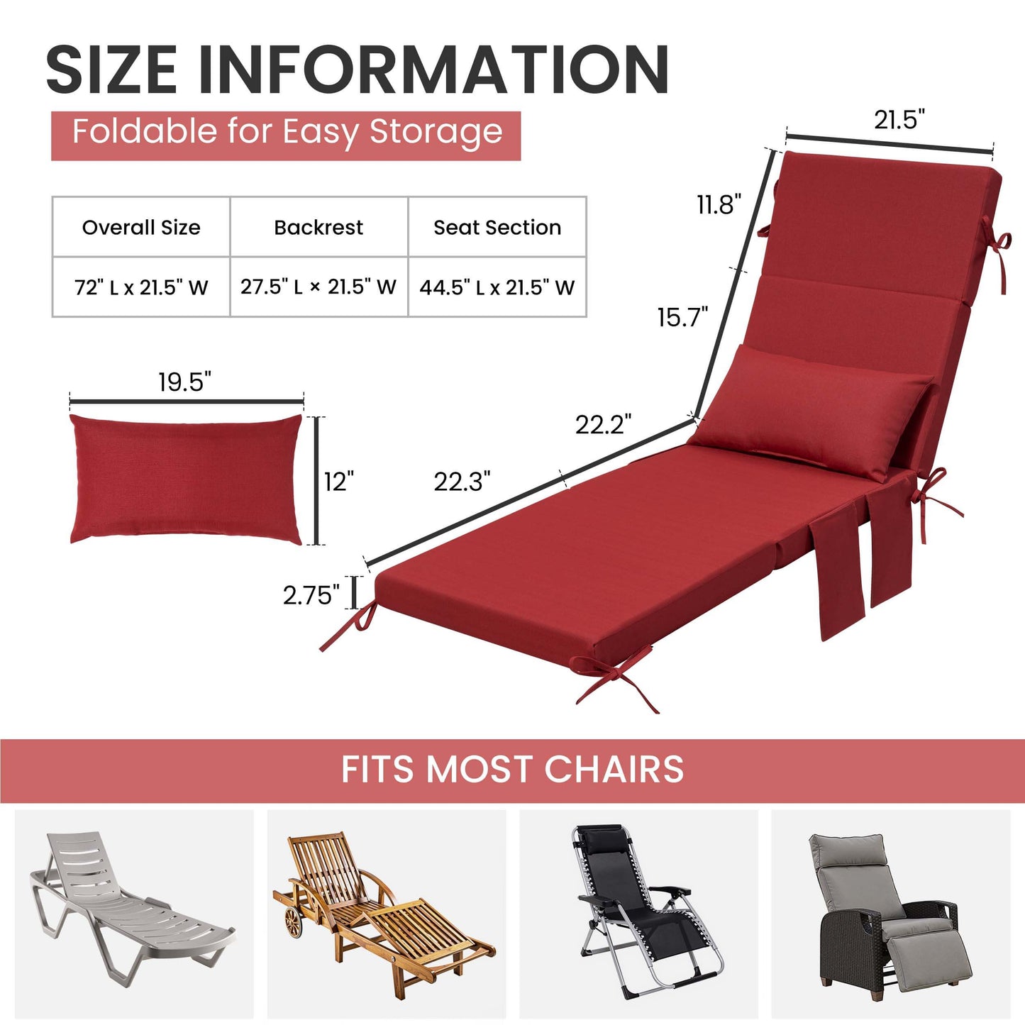 72x22" Outdoor Chaise Lounge Cushion with Pillow & Pockets