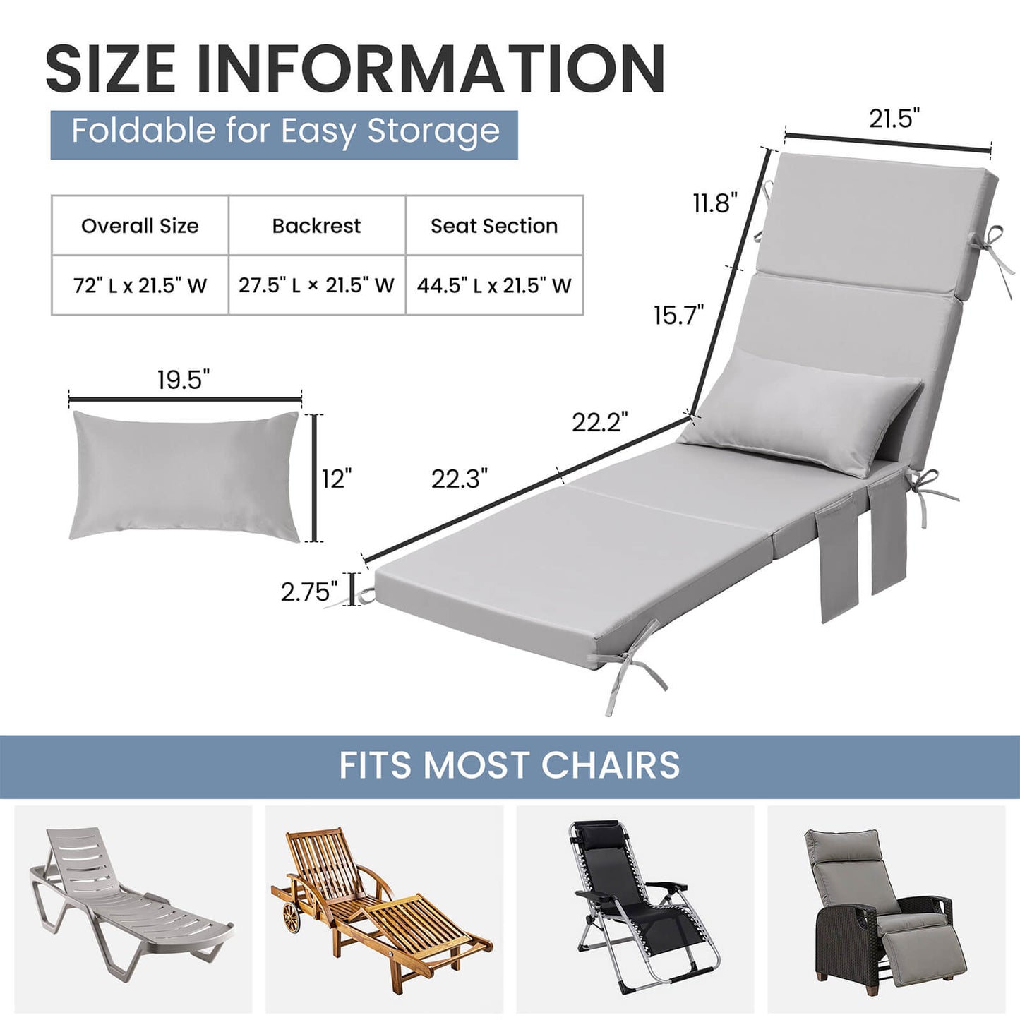 72x22" Outdoor Chaise Lounge Cushion with Pillow & Pockets