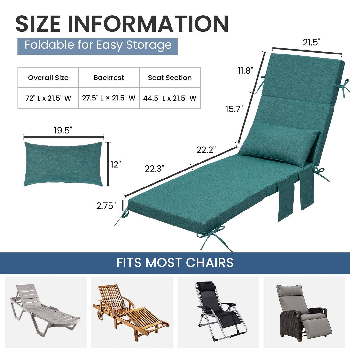 72x22" Outdoor Chaise Lounge Cushion with Pillow & Pockets