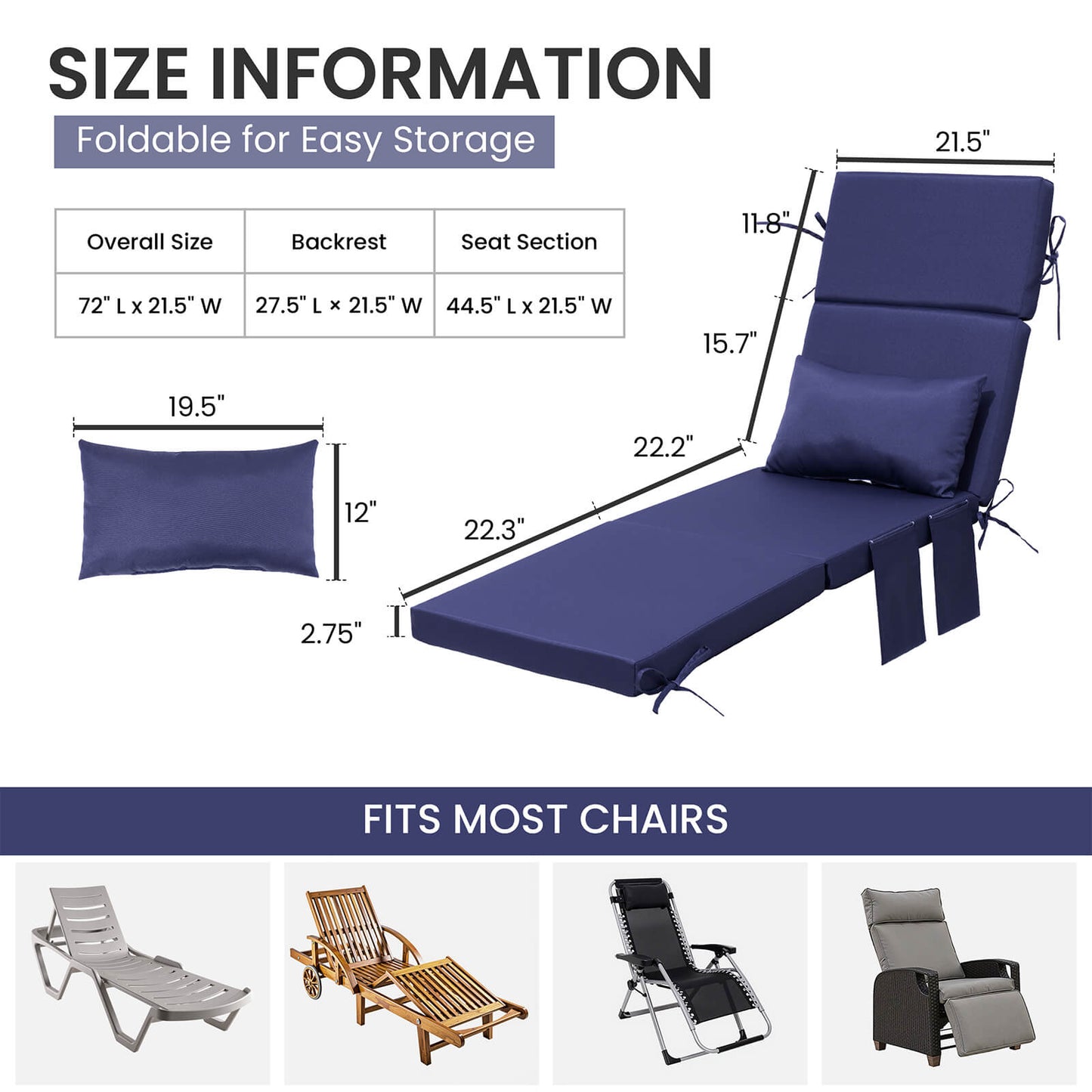 72x22" Outdoor Chaise Lounge Cushion with Pillow & Pockets