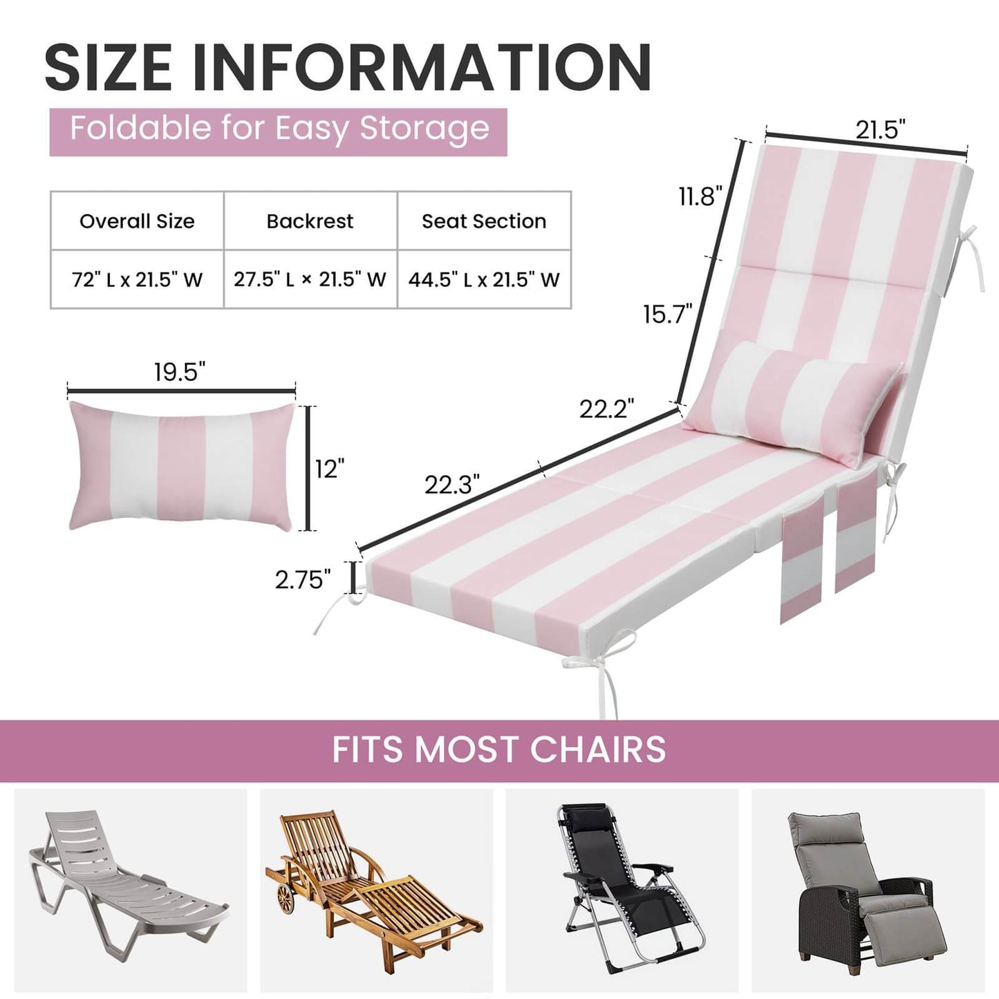 72x22" Outdoor Chaise Lounge Cushion with Pillow & Pockets