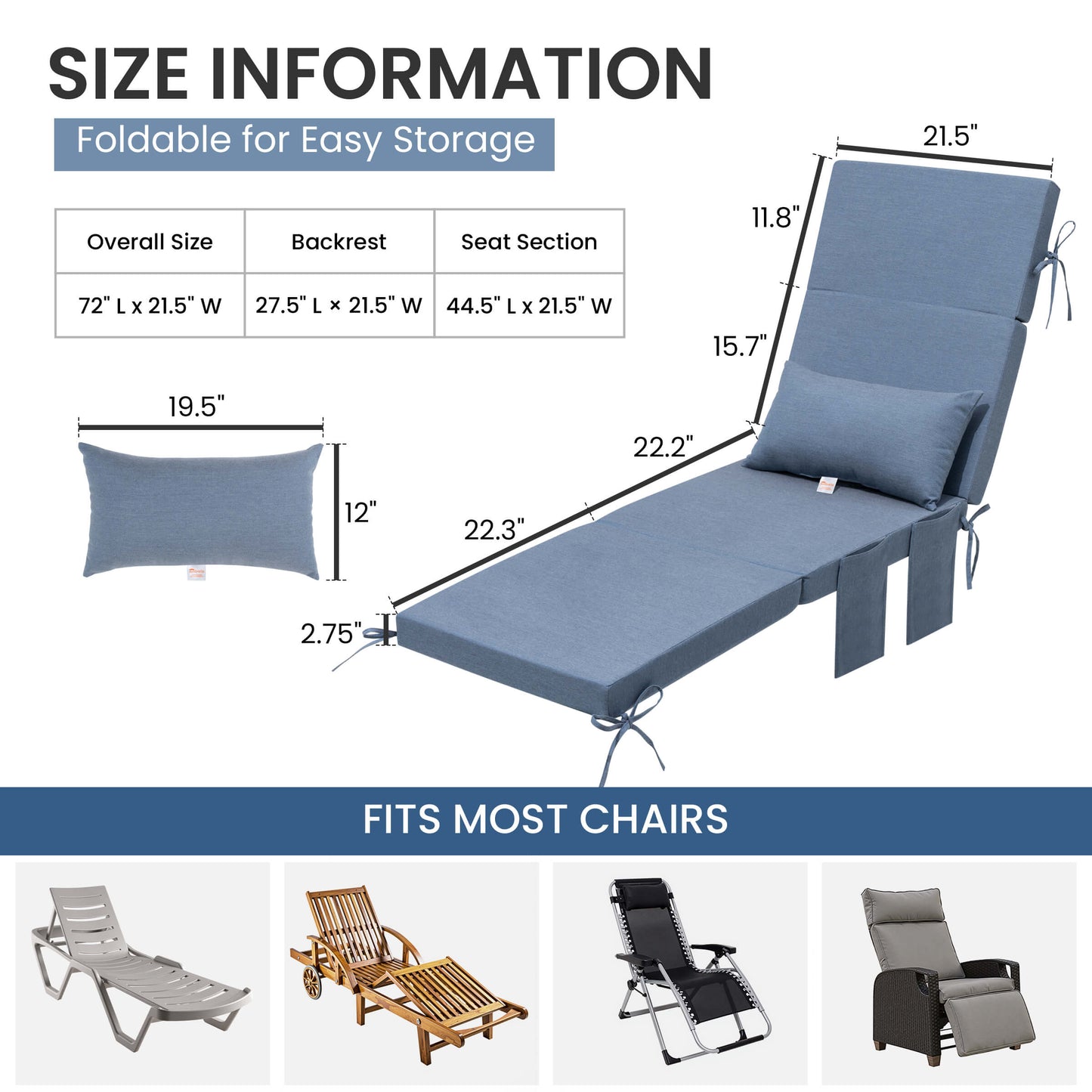 72x22" Outdoor Chaise Lounge Cushion with Pillow & Pockets