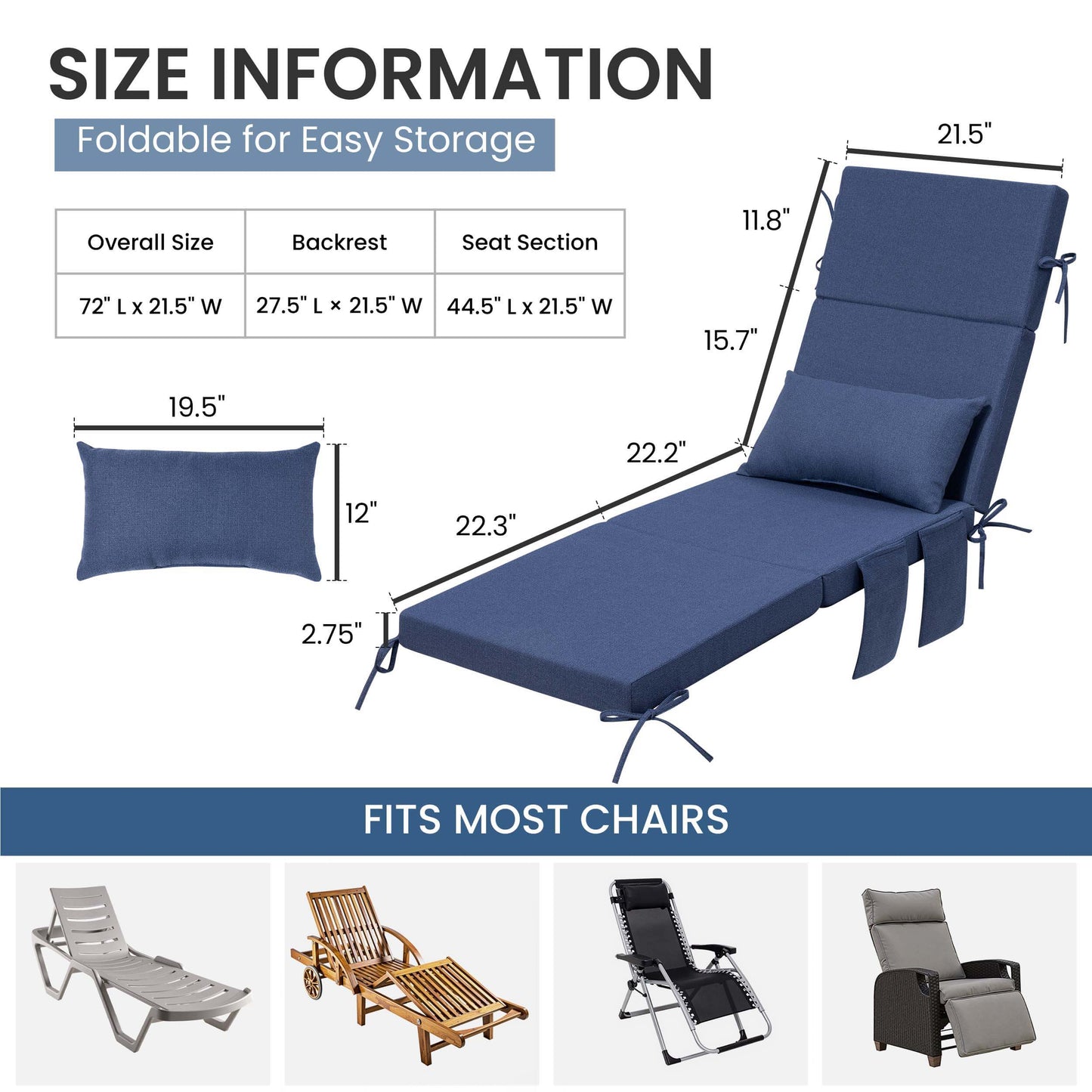 72x22" Outdoor Chaise Lounge Cushion with Pillow & Pockets