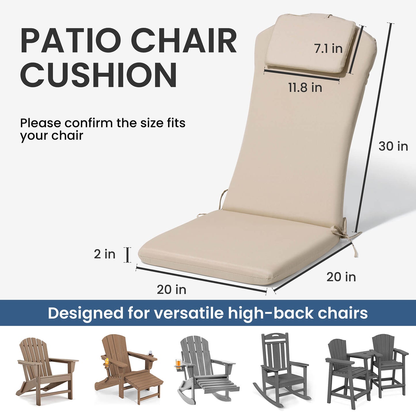 50x20" Outdoor Adirondack Chair Cushion with Built-in Headrest