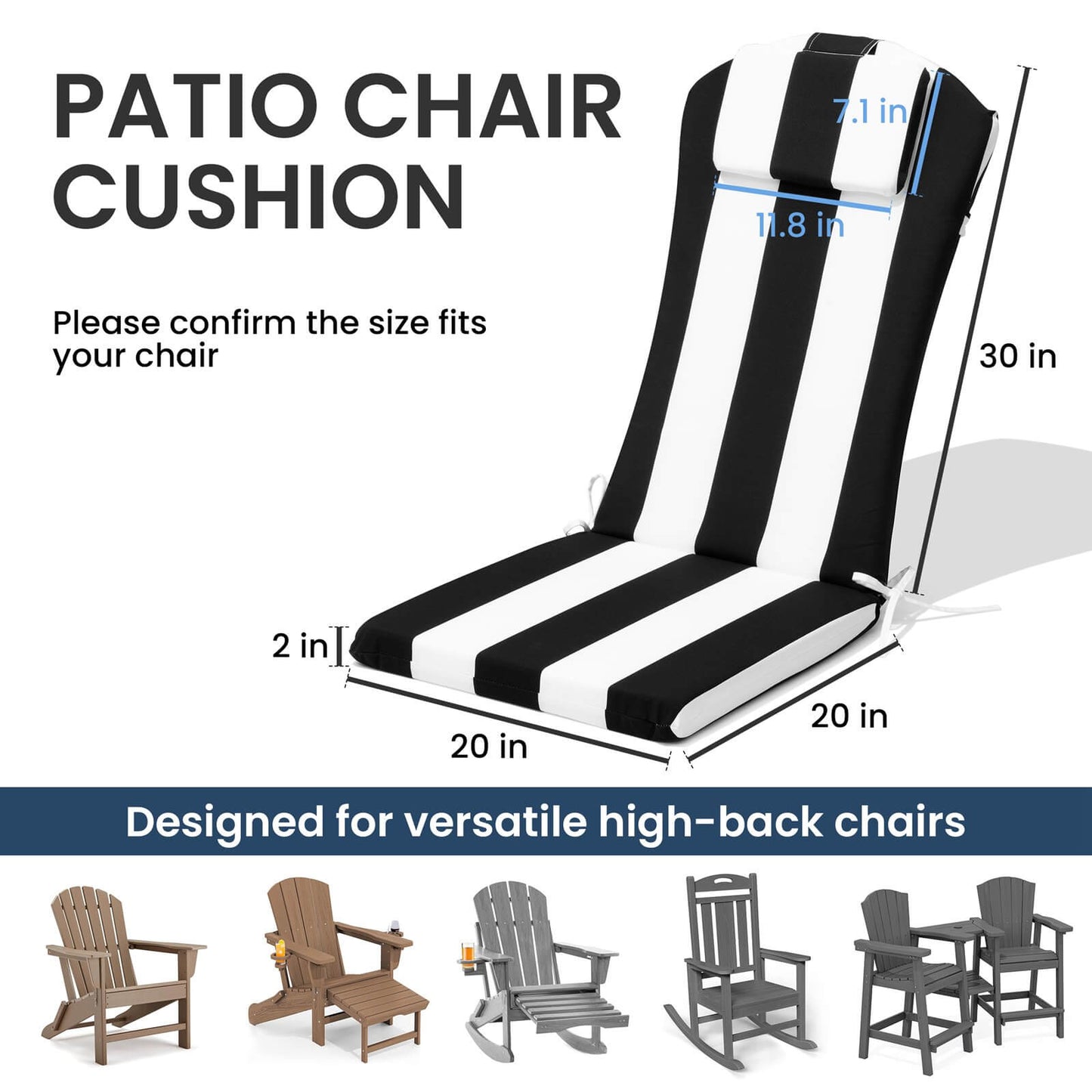 50x20" Outdoor Adirondack Chair Cushion with Built-in Headrest